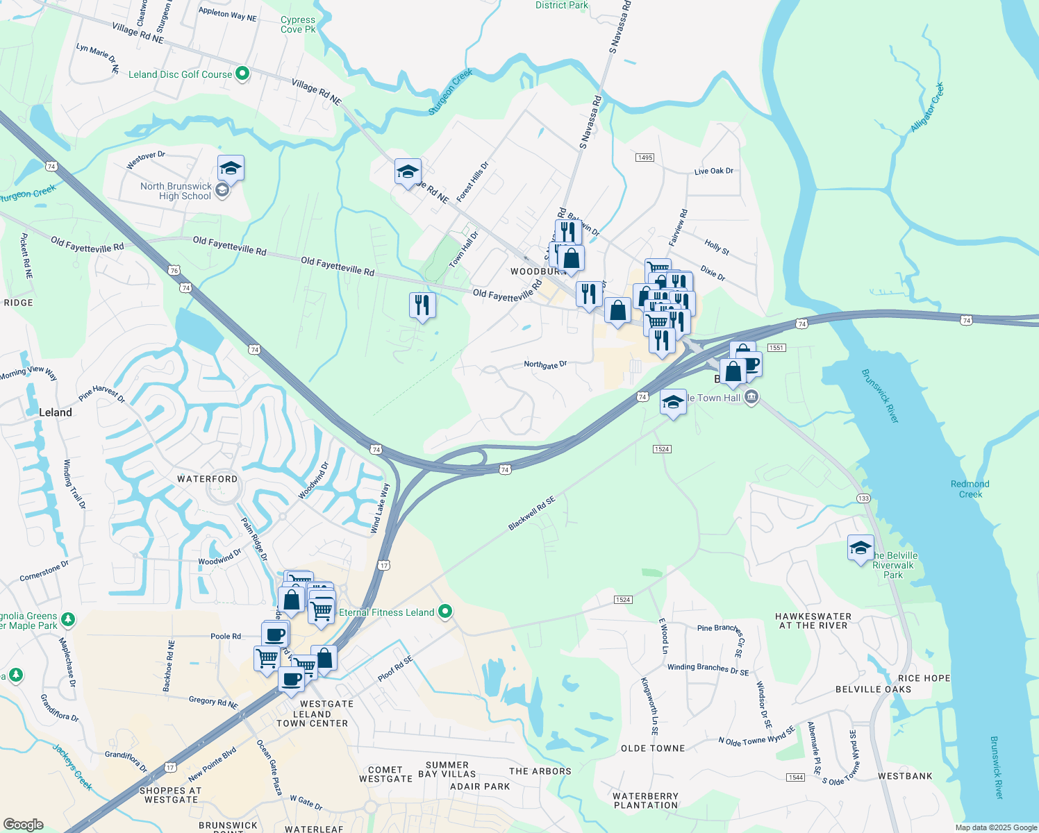 map of restaurants, bars, coffee shops, grocery stores, and more near 2320 Curran Court in Leland