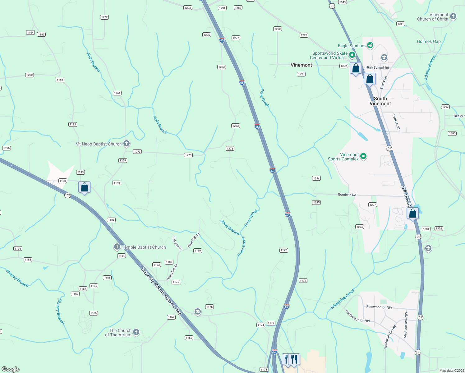 map of restaurants, bars, coffee shops, grocery stores, and more near 154 County Road 1278 in Cullman