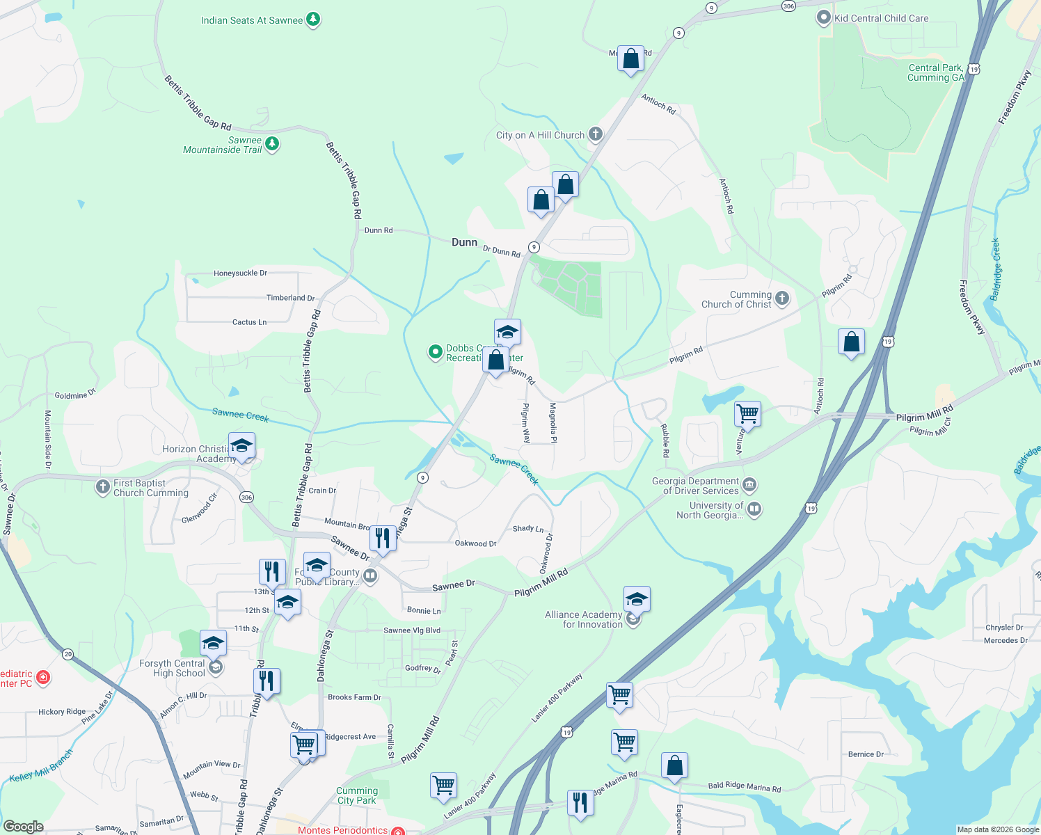 map of restaurants, bars, coffee shops, grocery stores, and more near 1580 Pilgrim Way in Cumming