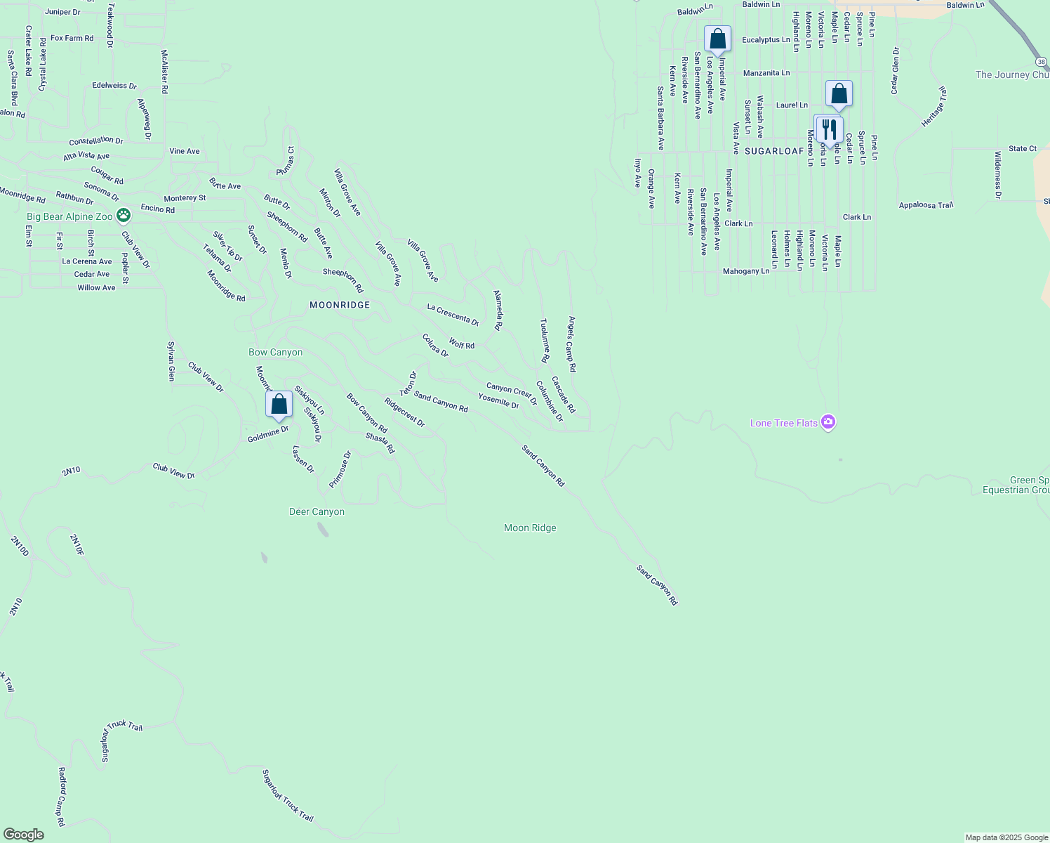 map of restaurants, bars, coffee shops, grocery stores, and more near 43903 Yosemite Drive in Big Bear Lake