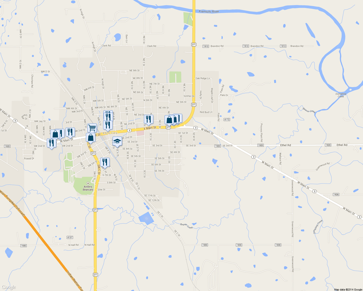 map of restaurants, bars, coffee shops, grocery stores, and more near 1103 Southeast 3rd Street in Antlers
