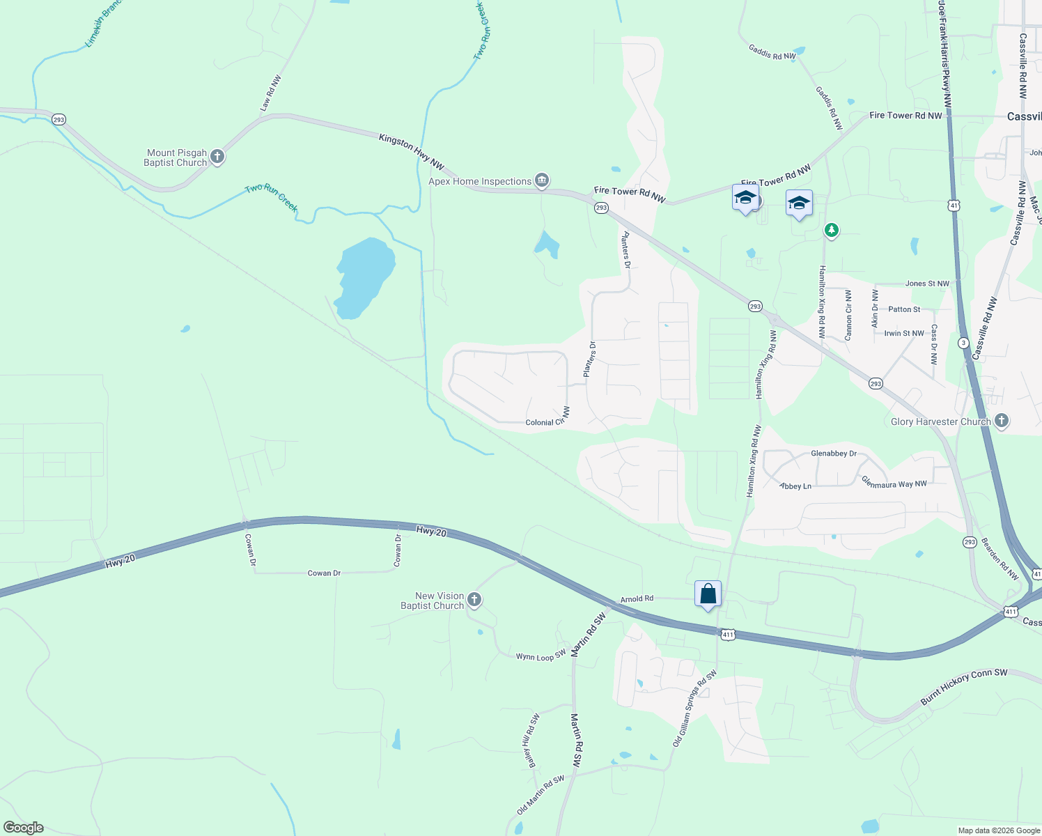 map of restaurants, bars, coffee shops, grocery stores, and more near 11 Windermere Bend Northwest in Cartersville