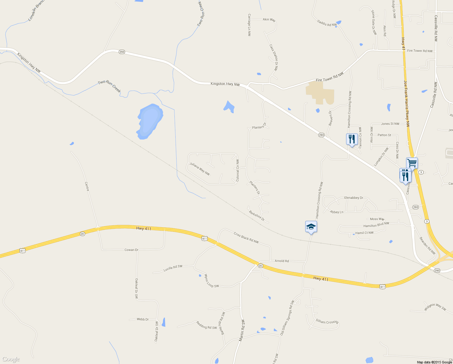 map of restaurants, bars, coffee shops, grocery stores, and more near 32 Colonial Circle Northwest in Cartersville