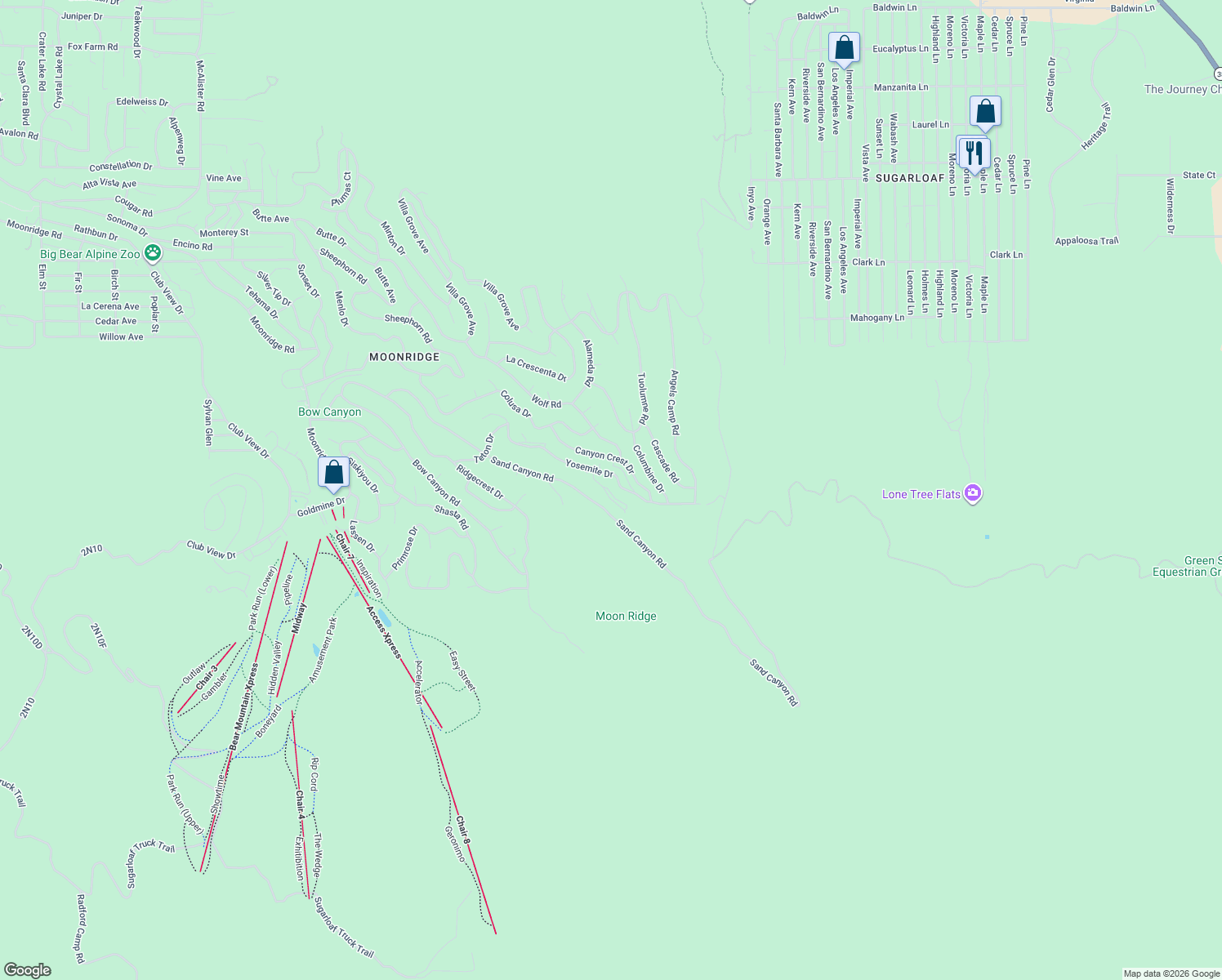map of restaurants, bars, coffee shops, grocery stores, and more near 43866 Mendocino Drive in Big Bear Lake