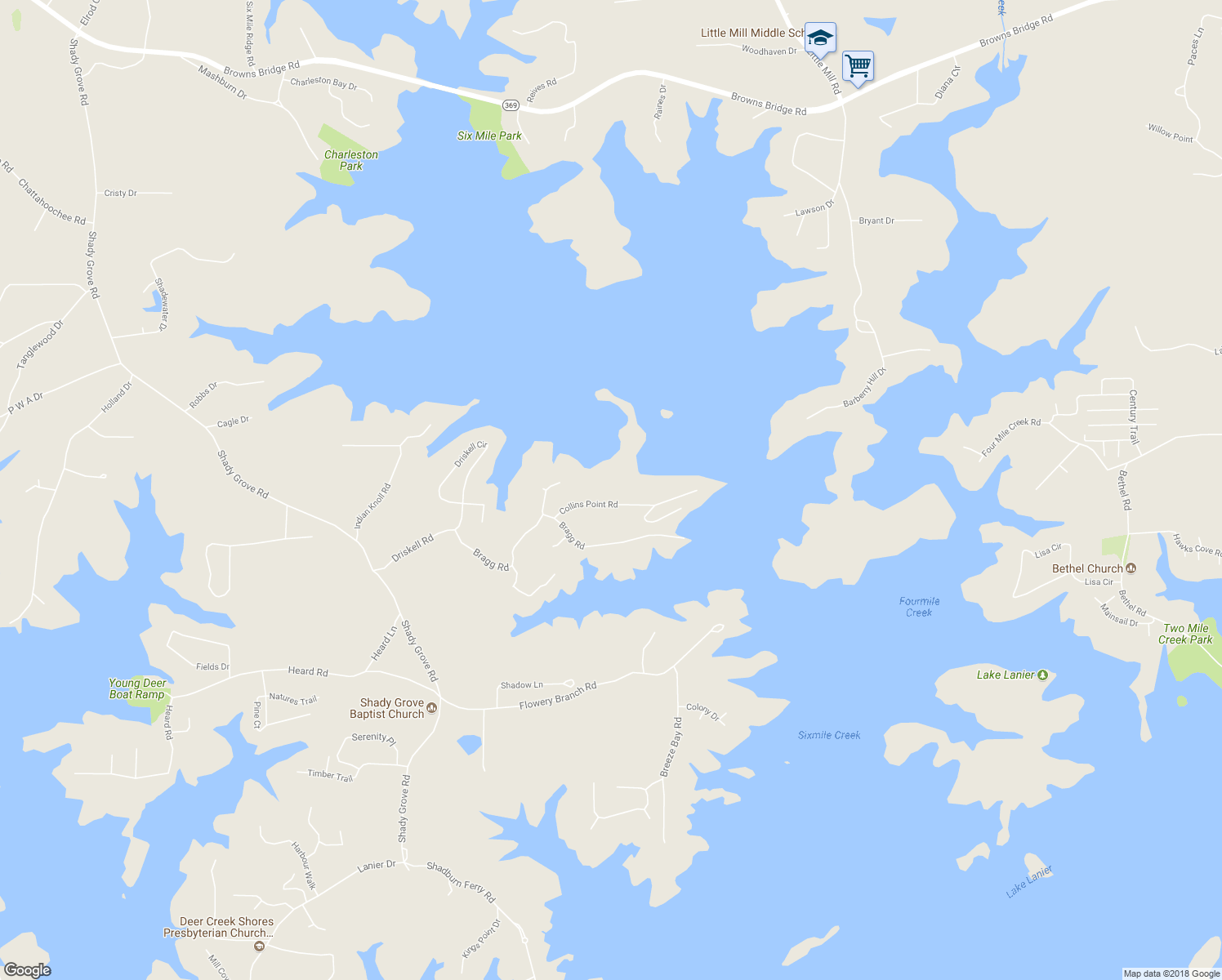 map of restaurants, bars, coffee shops, grocery stores, and more near 7095 Collins Point Road in Cumming