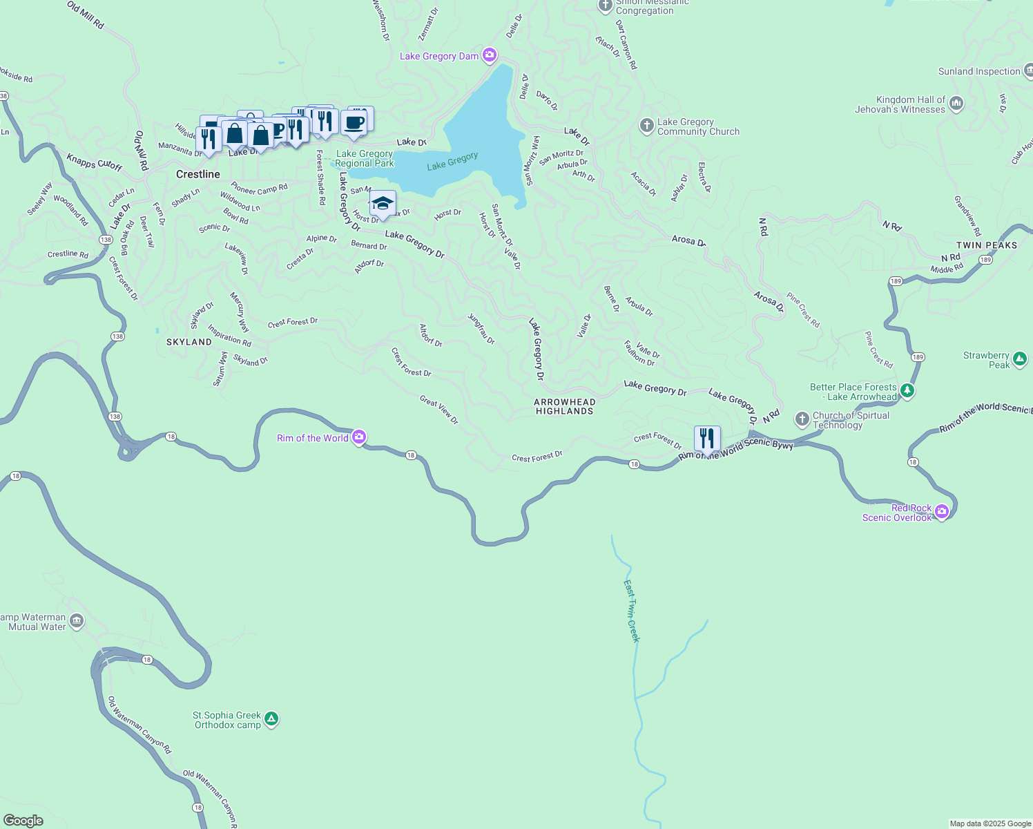 map of restaurants, bars, coffee shops, grocery stores, and more near Albrun Drive in Crestline