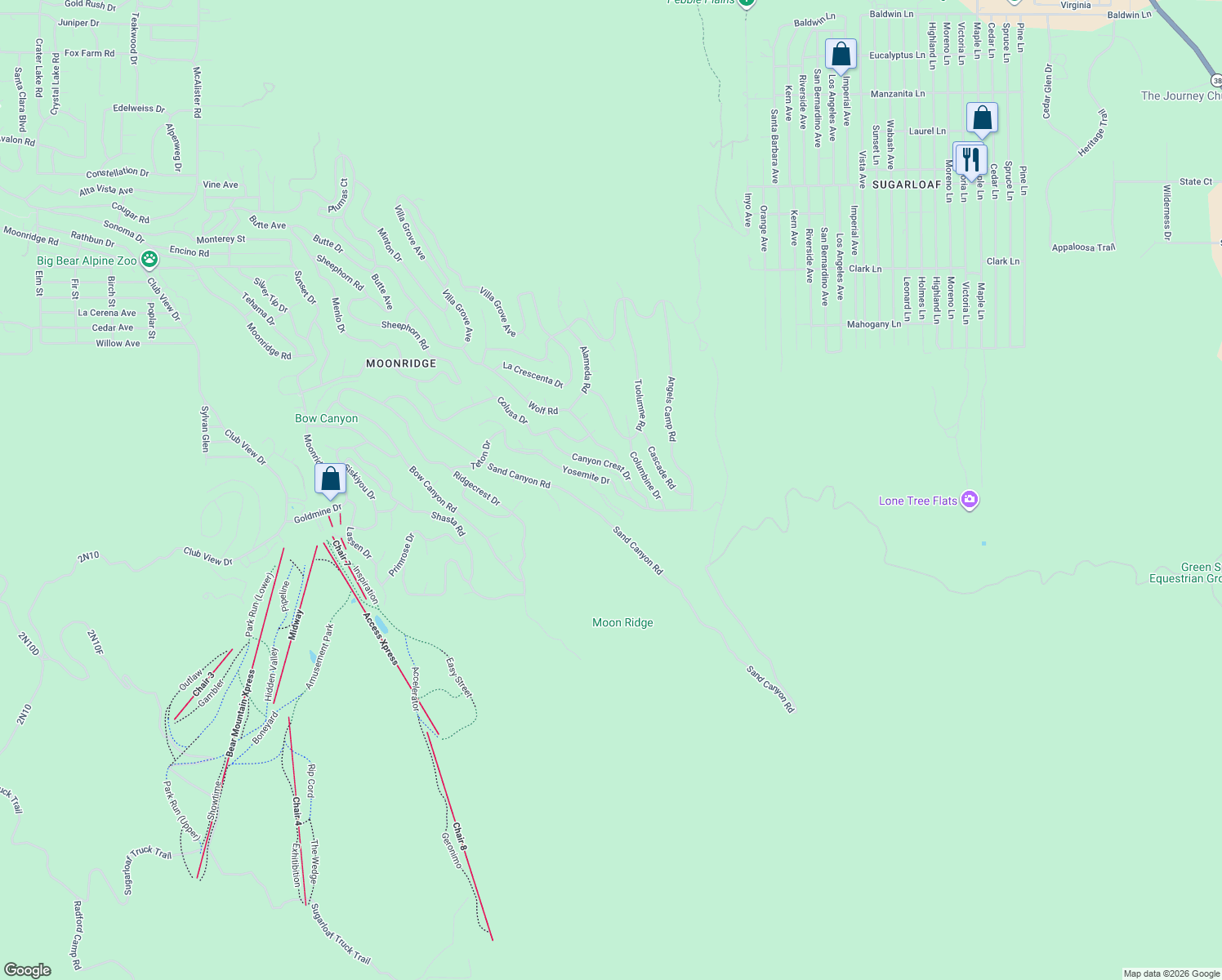 map of restaurants, bars, coffee shops, grocery stores, and more near 43897 Yosemite Drive in Big Bear Lake