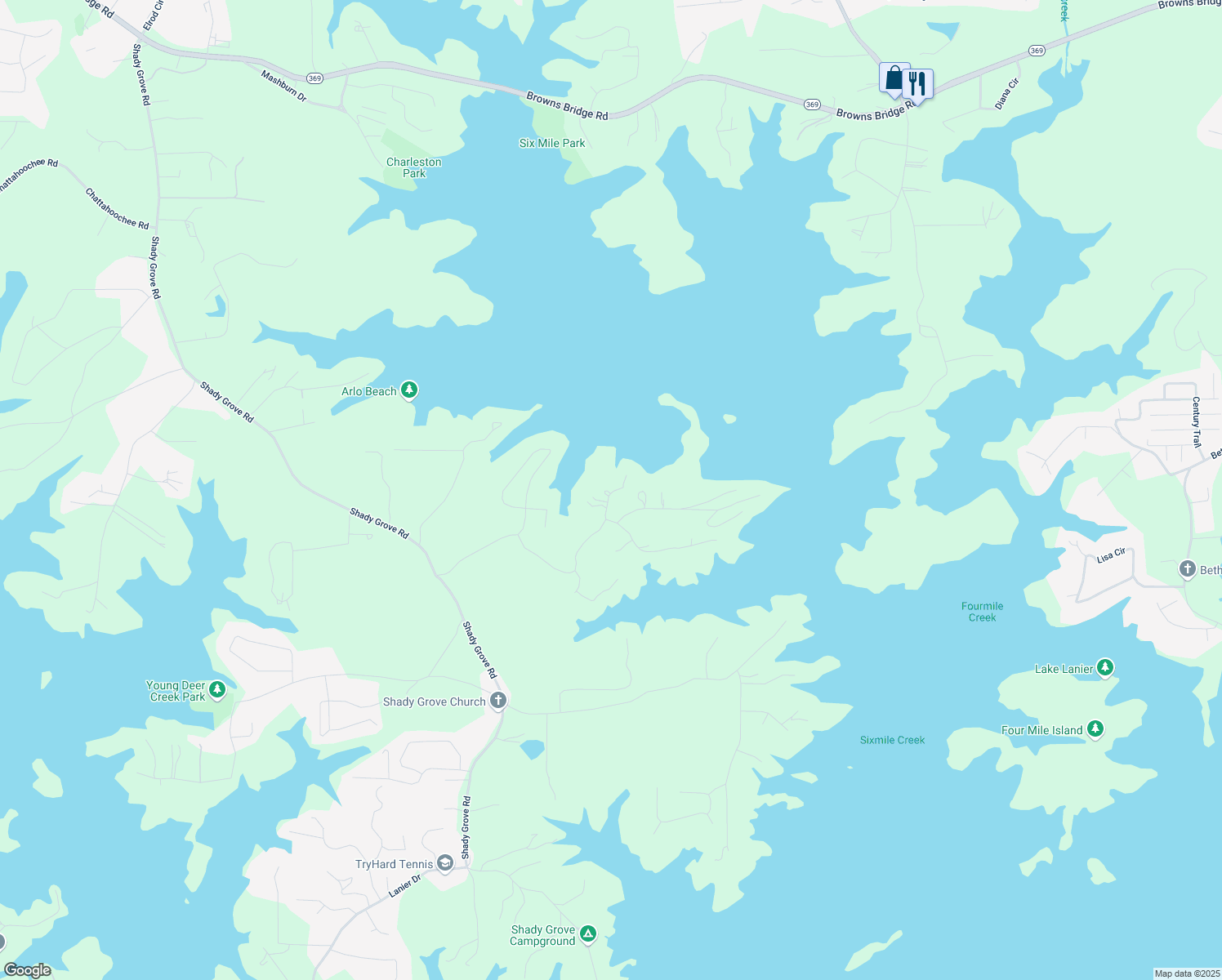 map of restaurants, bars, coffee shops, grocery stores, and more near 7030 Cumberland Harbour in Cumming