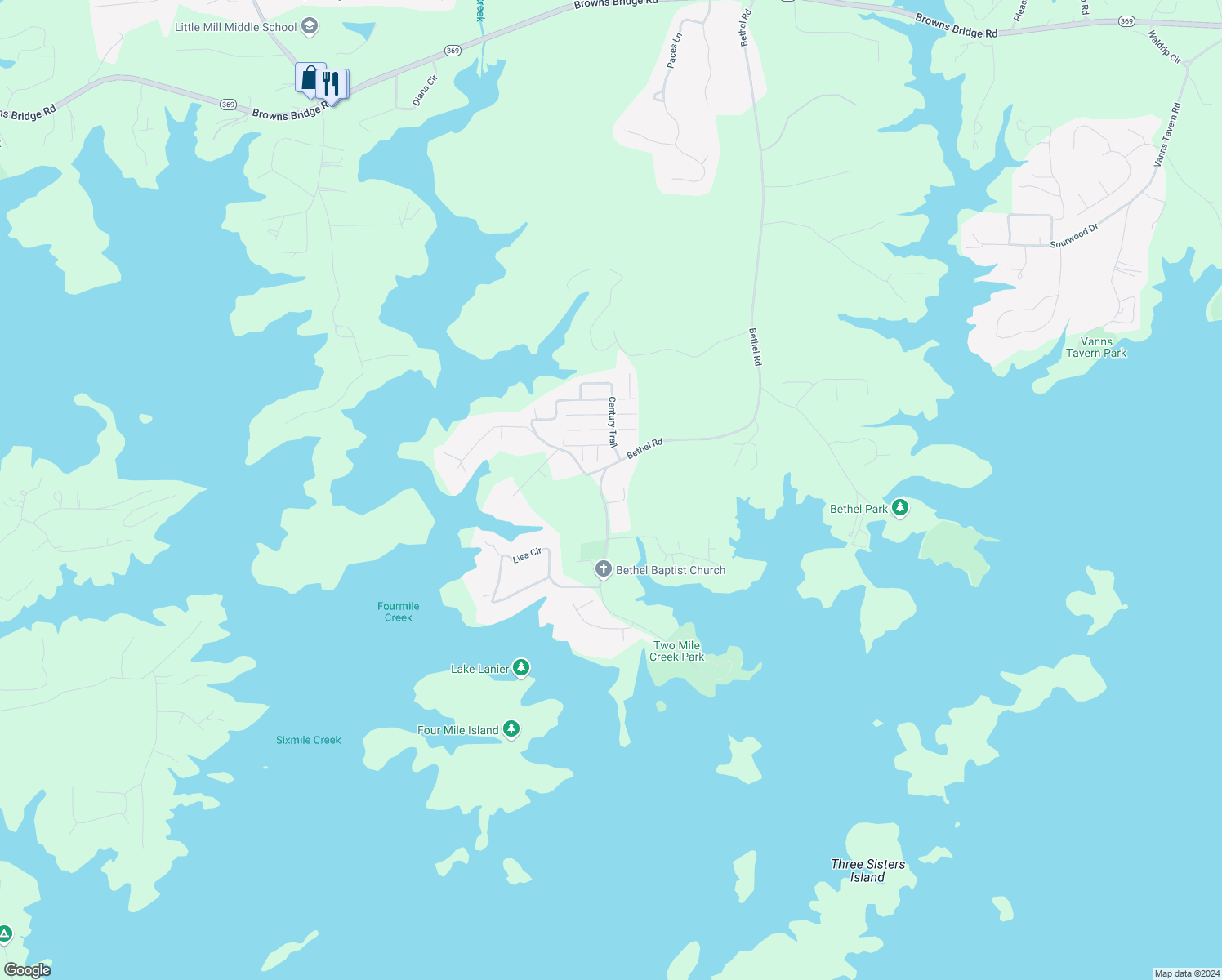 map of restaurants, bars, coffee shops, grocery stores, and more near 8865 Bethel Road in Gainesville