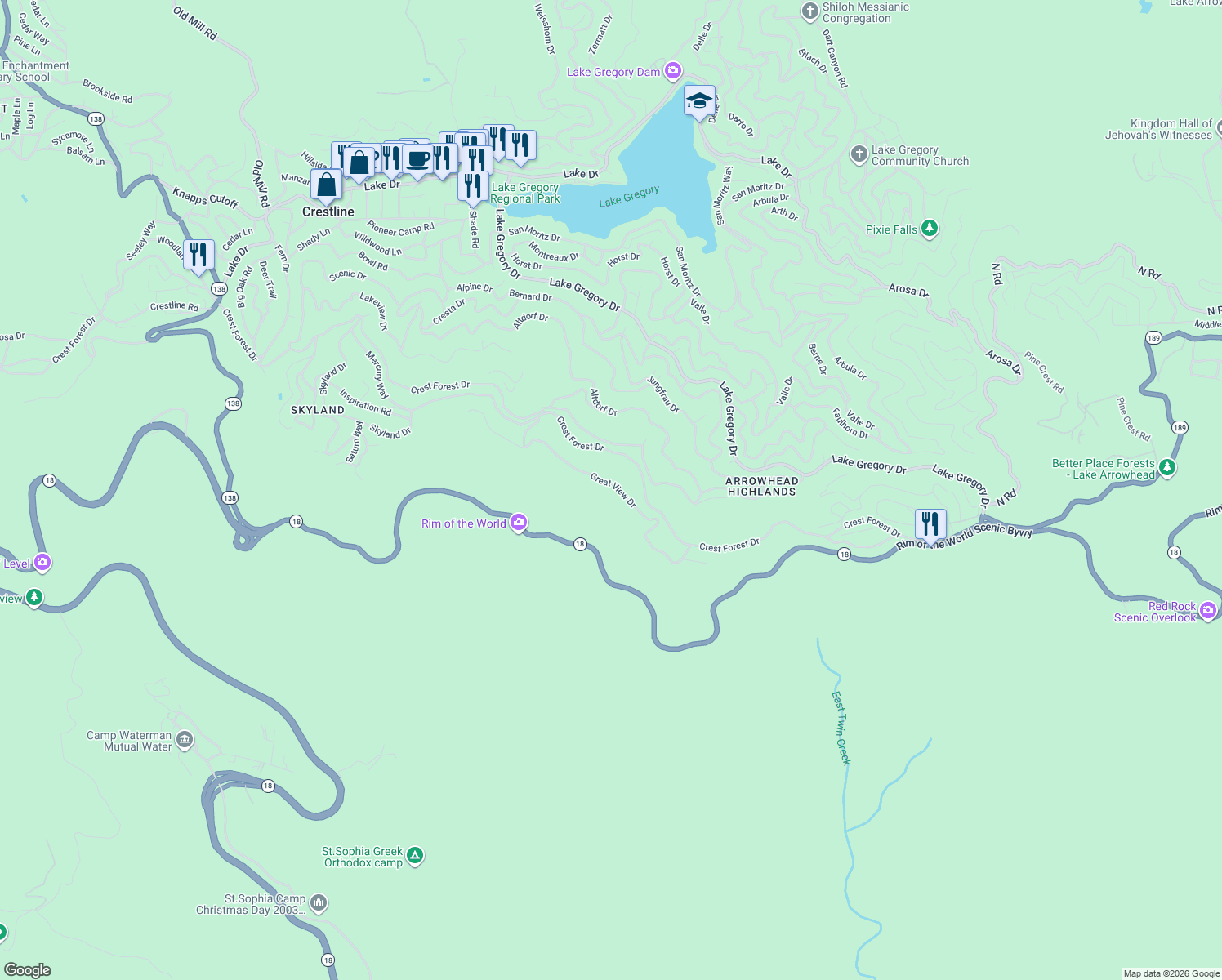 map of restaurants, bars, coffee shops, grocery stores, and more near 24419 Great View Drive in Crestline