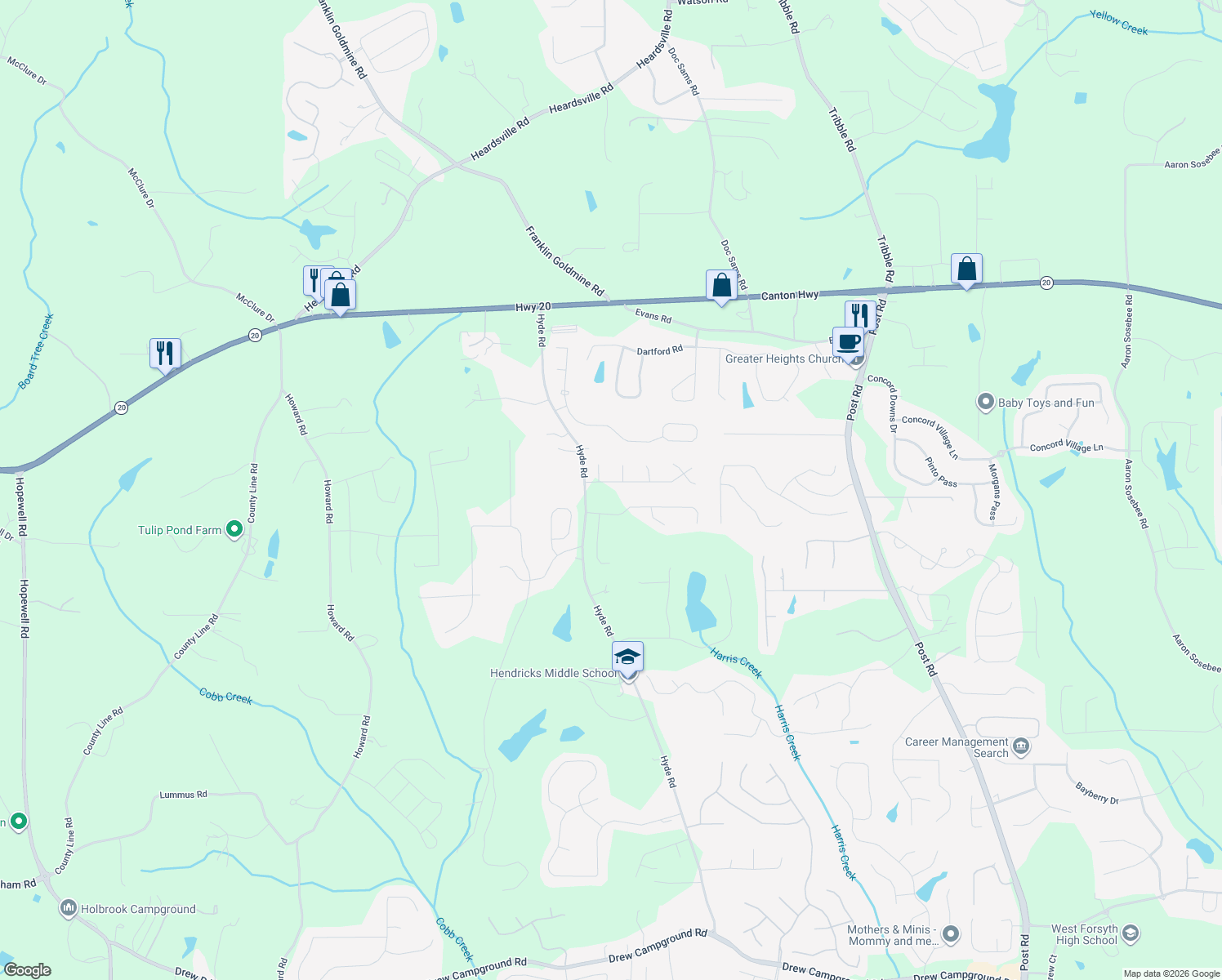 map of restaurants, bars, coffee shops, grocery stores, and more near 4720 Saint Simons Lane in Cumming