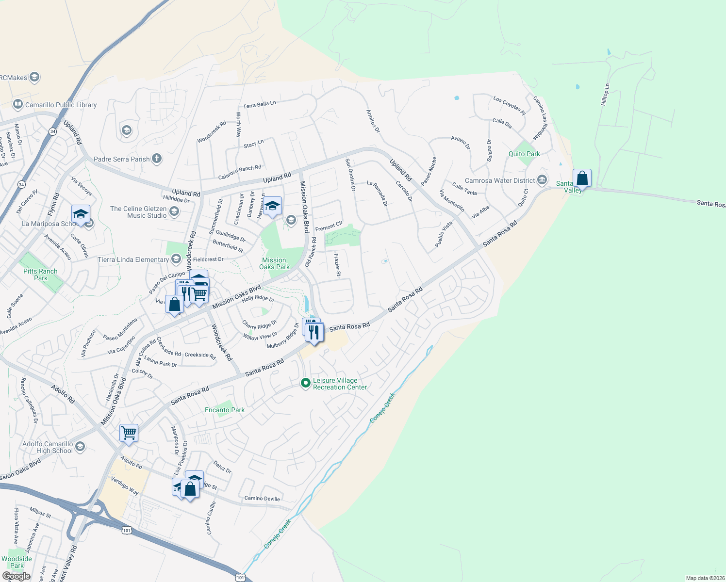 map of restaurants, bars, coffee shops, grocery stores, and more near 1251 Via Latina Drive in Camarillo