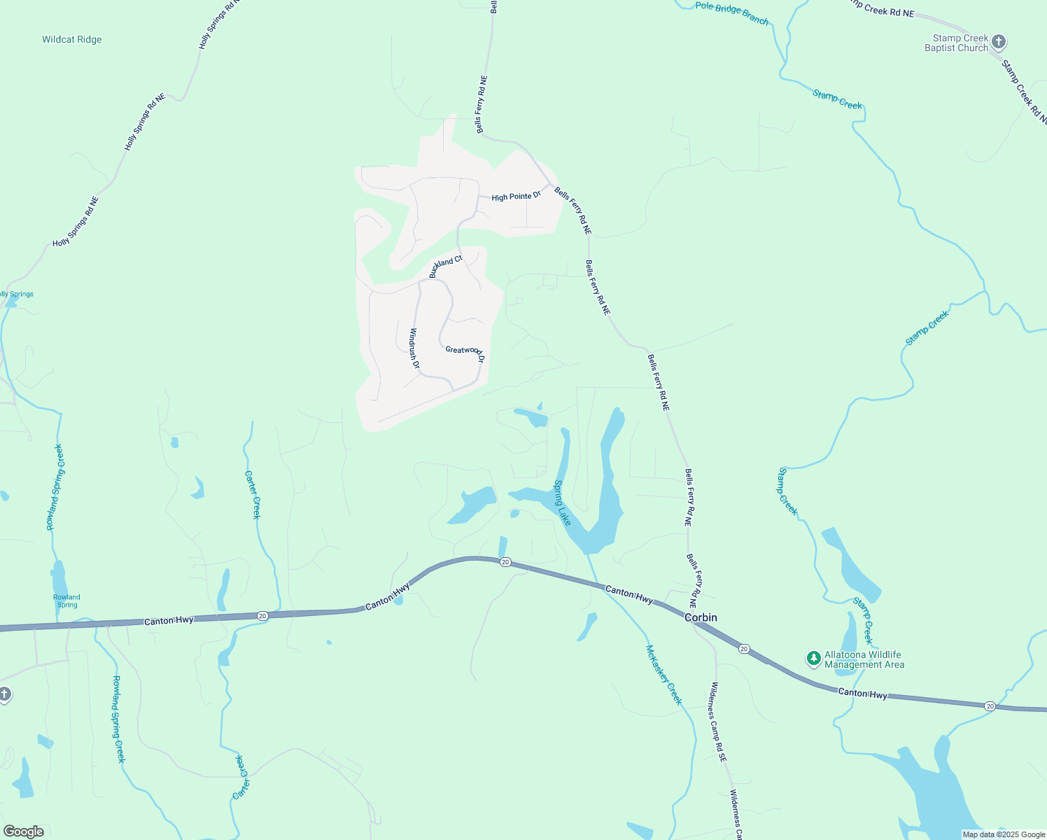 map of restaurants, bars, coffee shops, grocery stores, and more near 33 Fawn Lake Trail Northeast in White