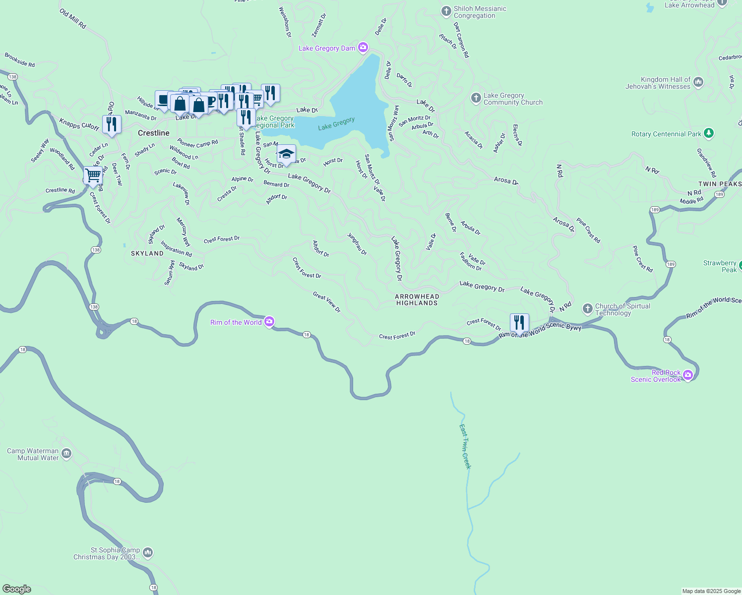 map of restaurants, bars, coffee shops, grocery stores, and more near 24600 Albrun Drive in Crestline