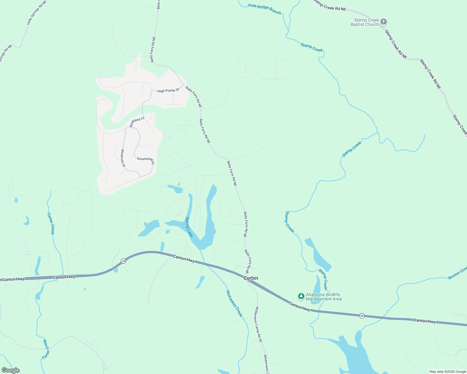 map of restaurants, bars, coffee shops, grocery stores, and more near 121 Bells Ferry Road Northeast in White