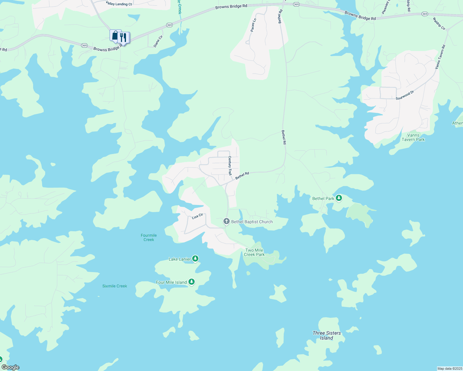 map of restaurants, bars, coffee shops, grocery stores, and more near 8715 Bethel Road in Gainesville