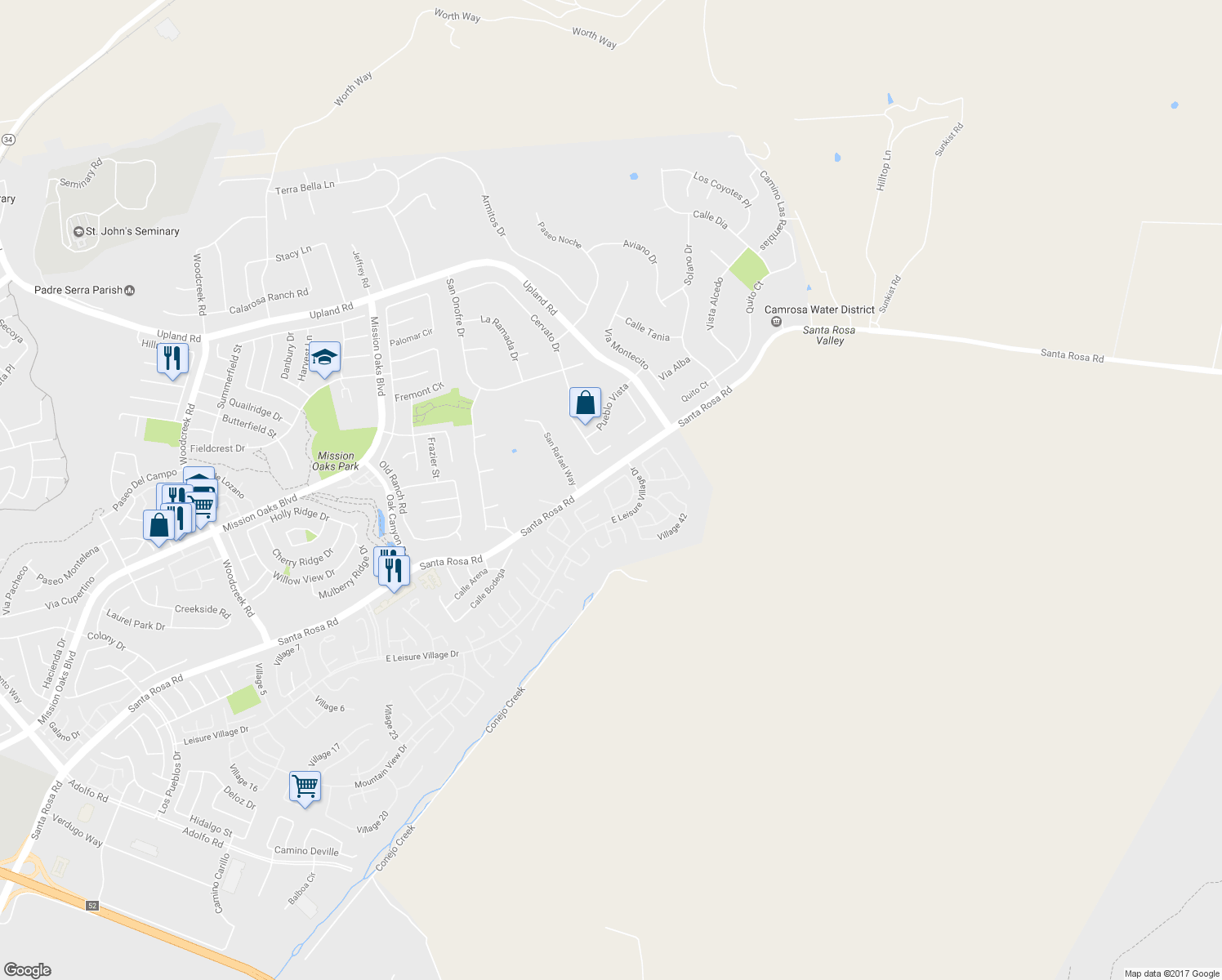 map of restaurants, bars, coffee shops, grocery stores, and more near 41028 Village 41 in Camarillo