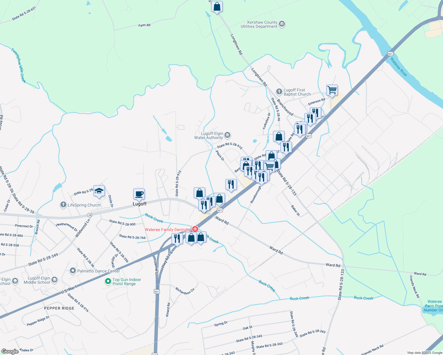 map of restaurants, bars, coffee shops, grocery stores, and more near 39 Plaza Drive in Lugoff