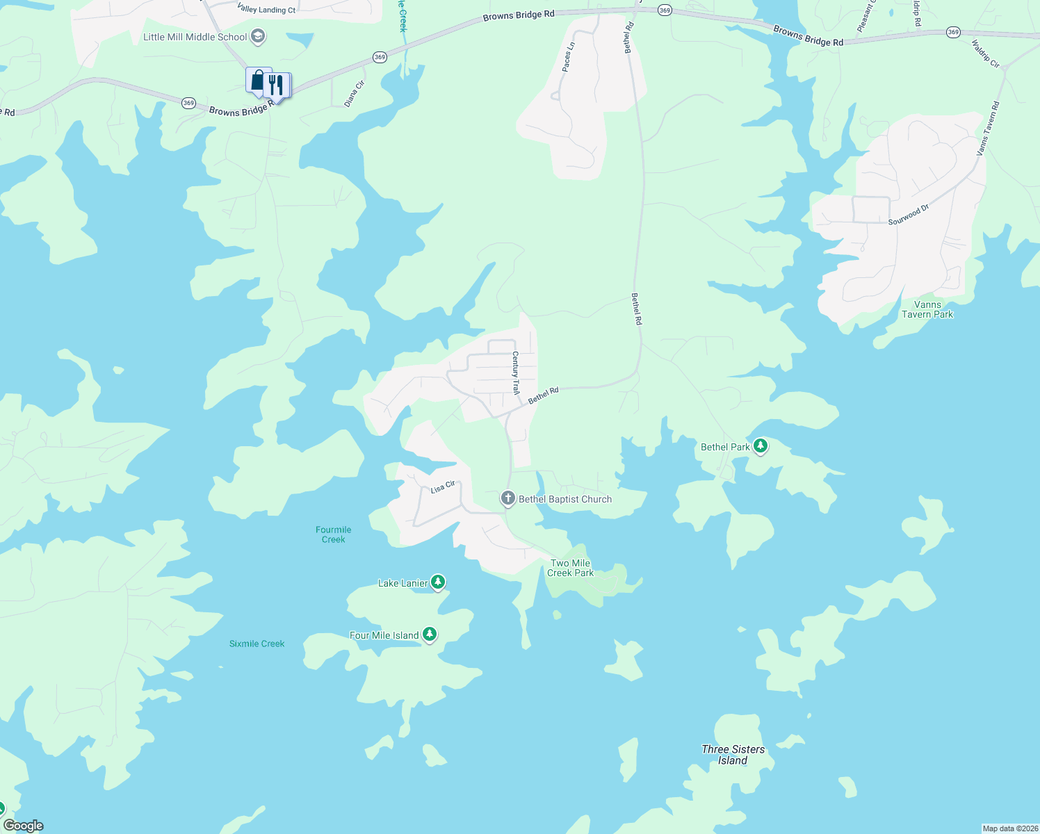 map of restaurants, bars, coffee shops, grocery stores, and more near 8865 Bethel Road in Gainesville
