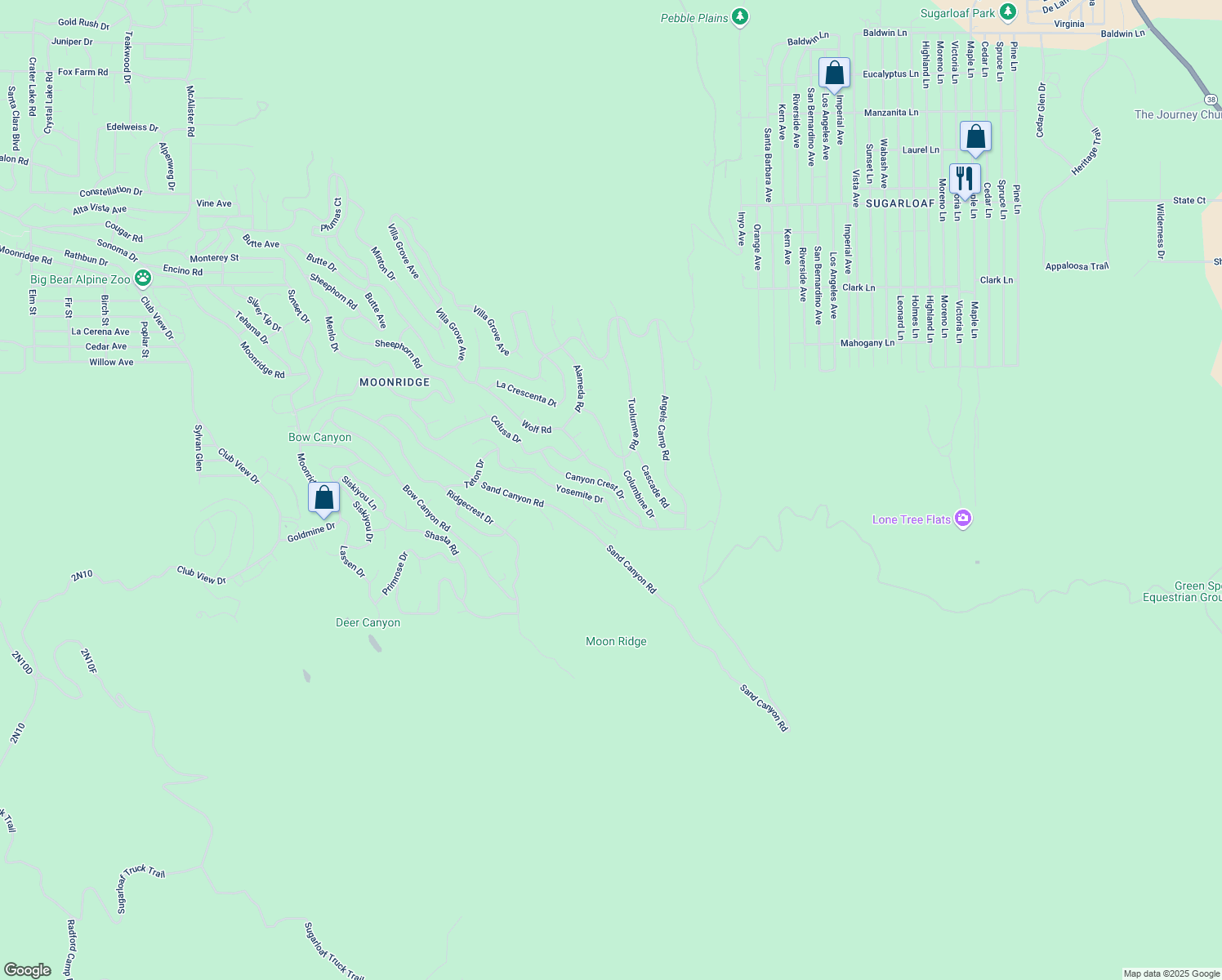 map of restaurants, bars, coffee shops, grocery stores, and more near 43905 Canyon Crest Drive in Big Bear Lake