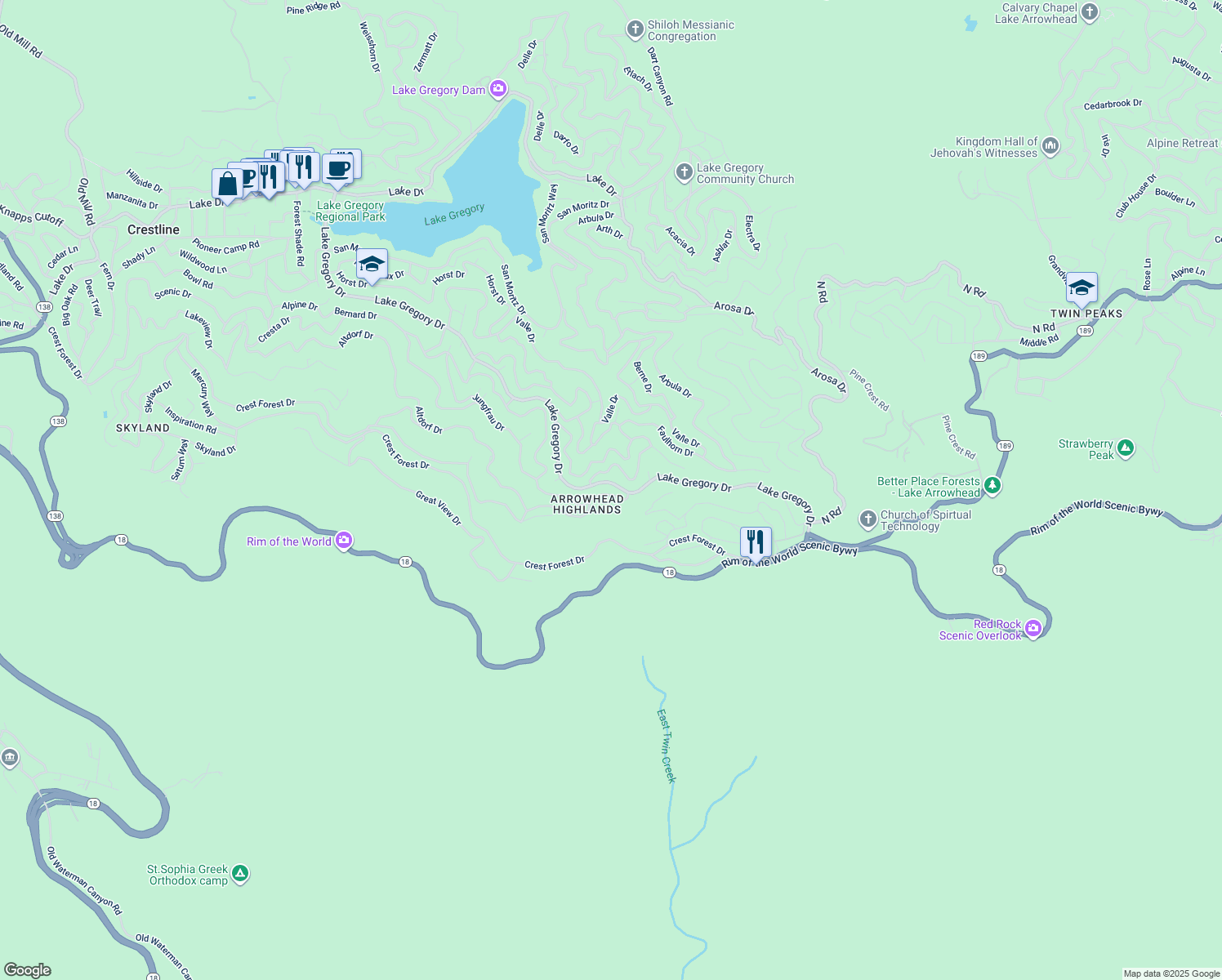 map of restaurants, bars, coffee shops, grocery stores, and more near 24798 Bernard Drive in Crestline