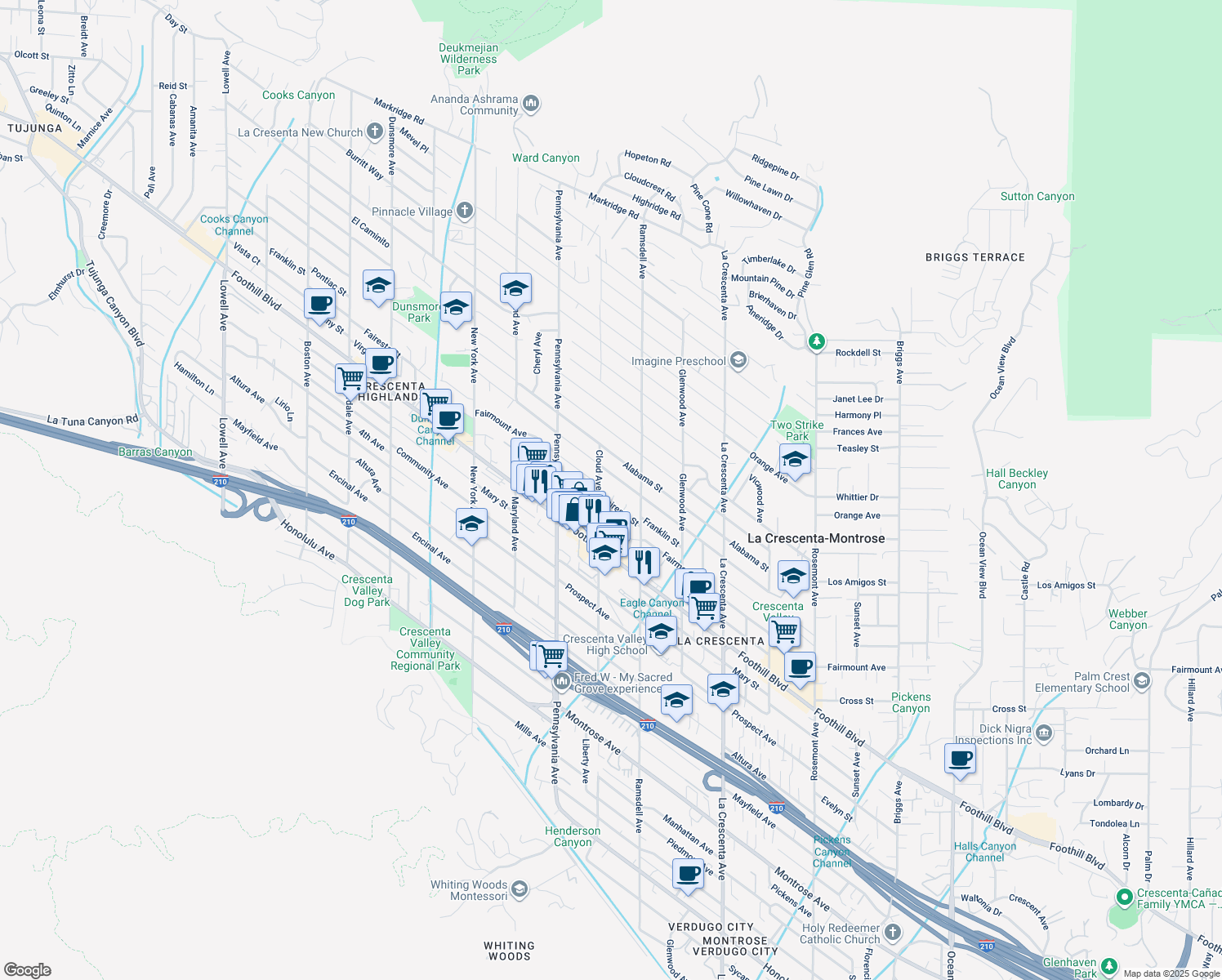 map of restaurants, bars, coffee shops, grocery stores, and more near 4613 Hume Avenue in La Crescenta-Montrose