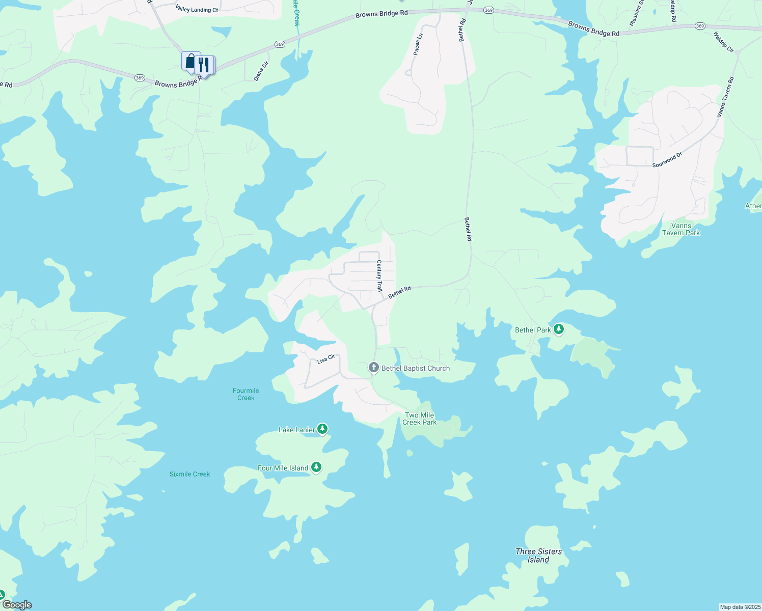 map of restaurants, bars, coffee shops, grocery stores, and more near 8715 Bethel Road in Gainesville