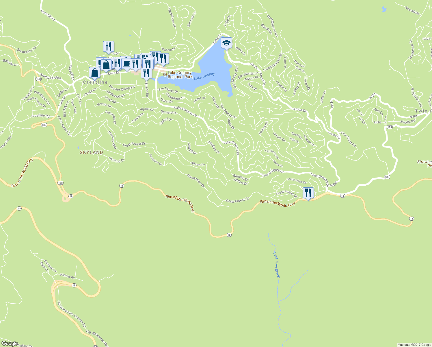 map of restaurants, bars, coffee shops, grocery stores, and more near 24583 Altdorf Drive in Crestline