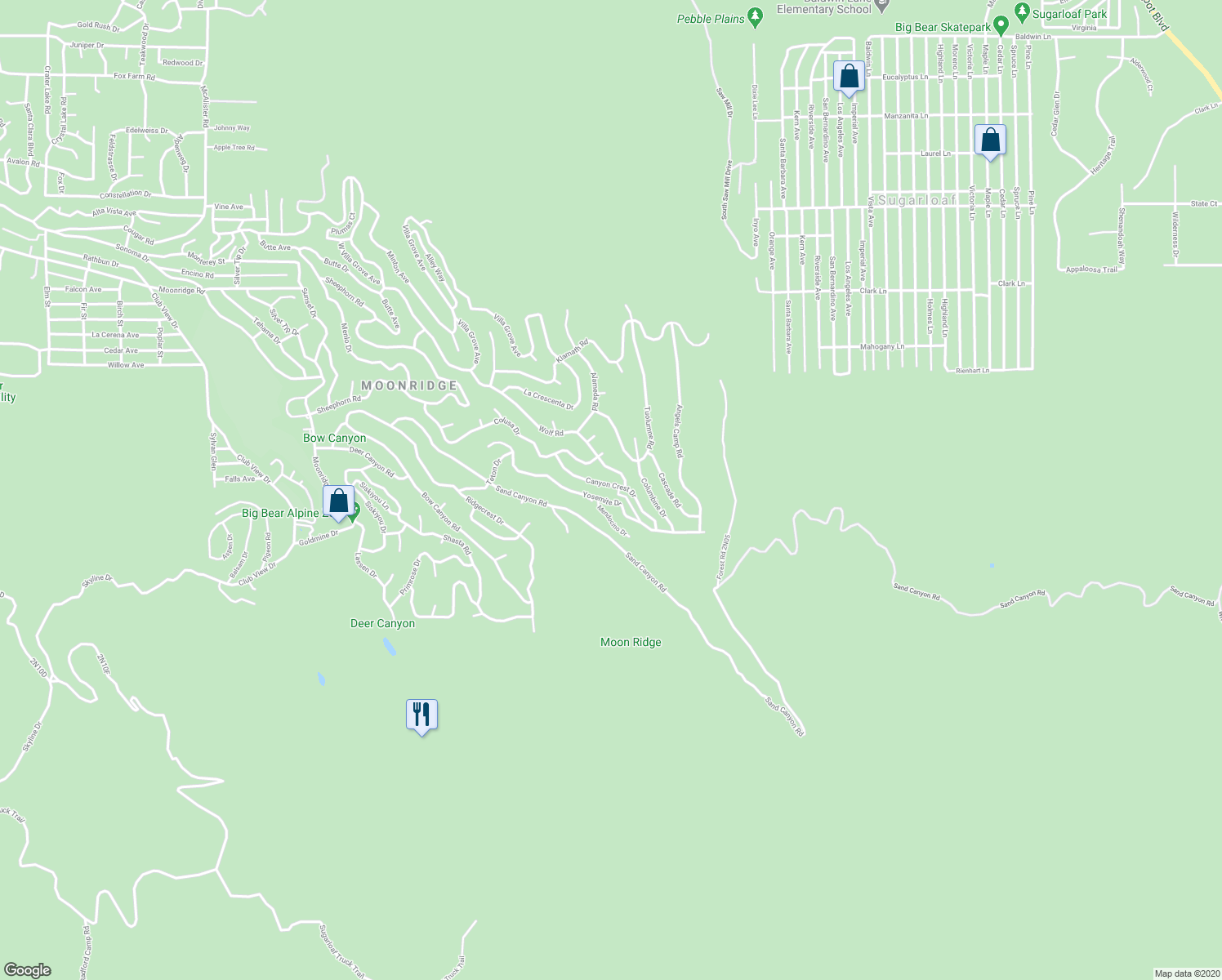 map of restaurants, bars, coffee shops, grocery stores, and more near 43869 Canyon Crest Drive in Big Bear Lake