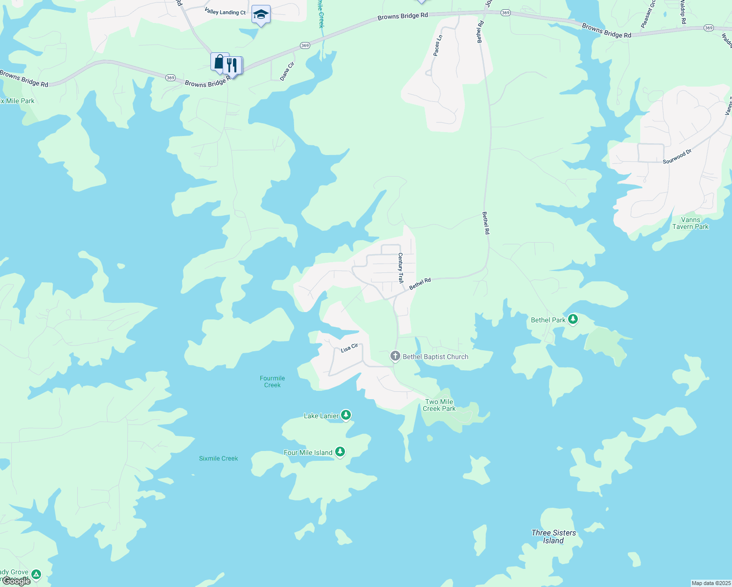 map of restaurants, bars, coffee shops, grocery stores, and more near 9035 Walnut Cove Court in Gainesville