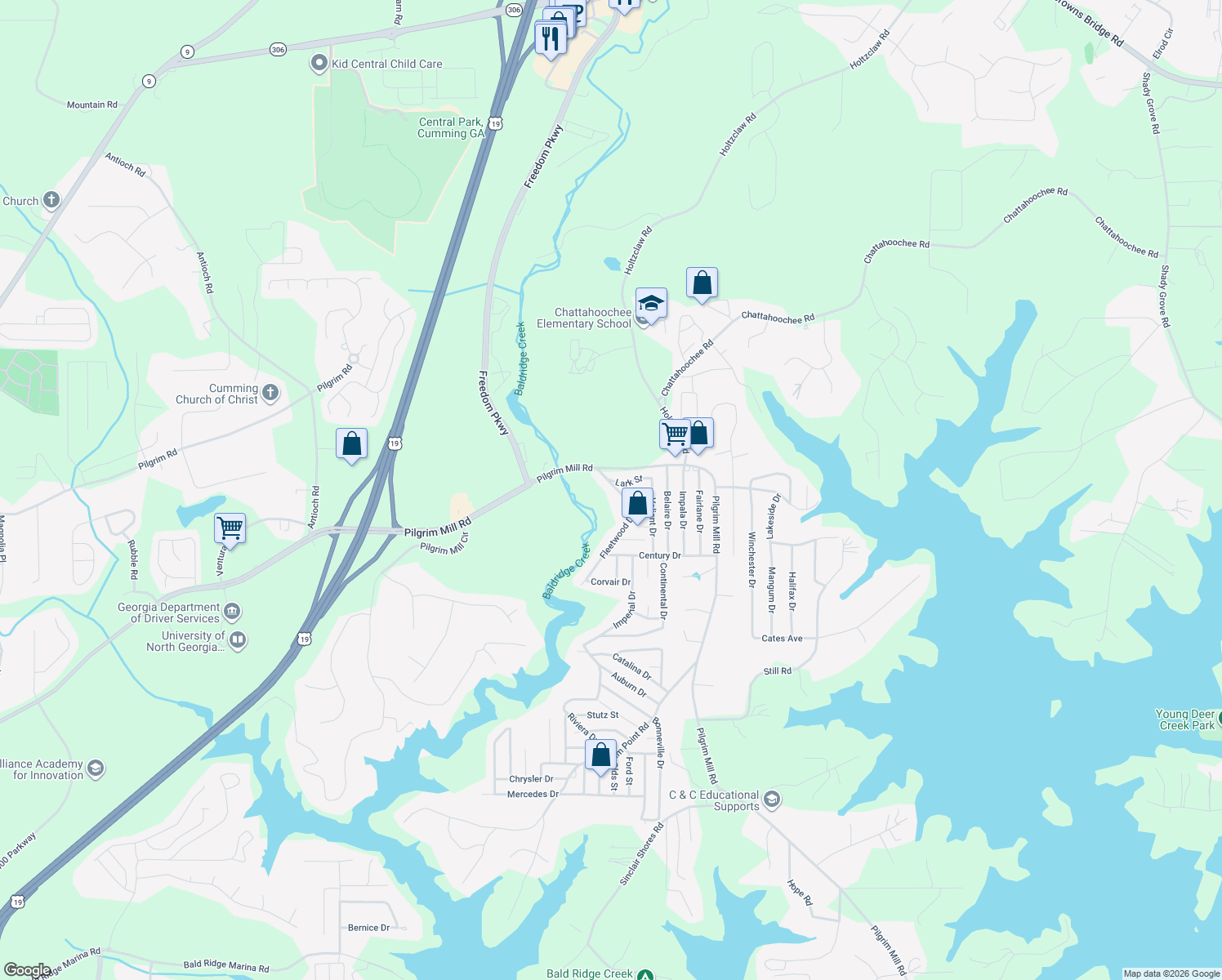 map of restaurants, bars, coffee shops, grocery stores, and more near 2250 Fleetwood Dr in Cumming
