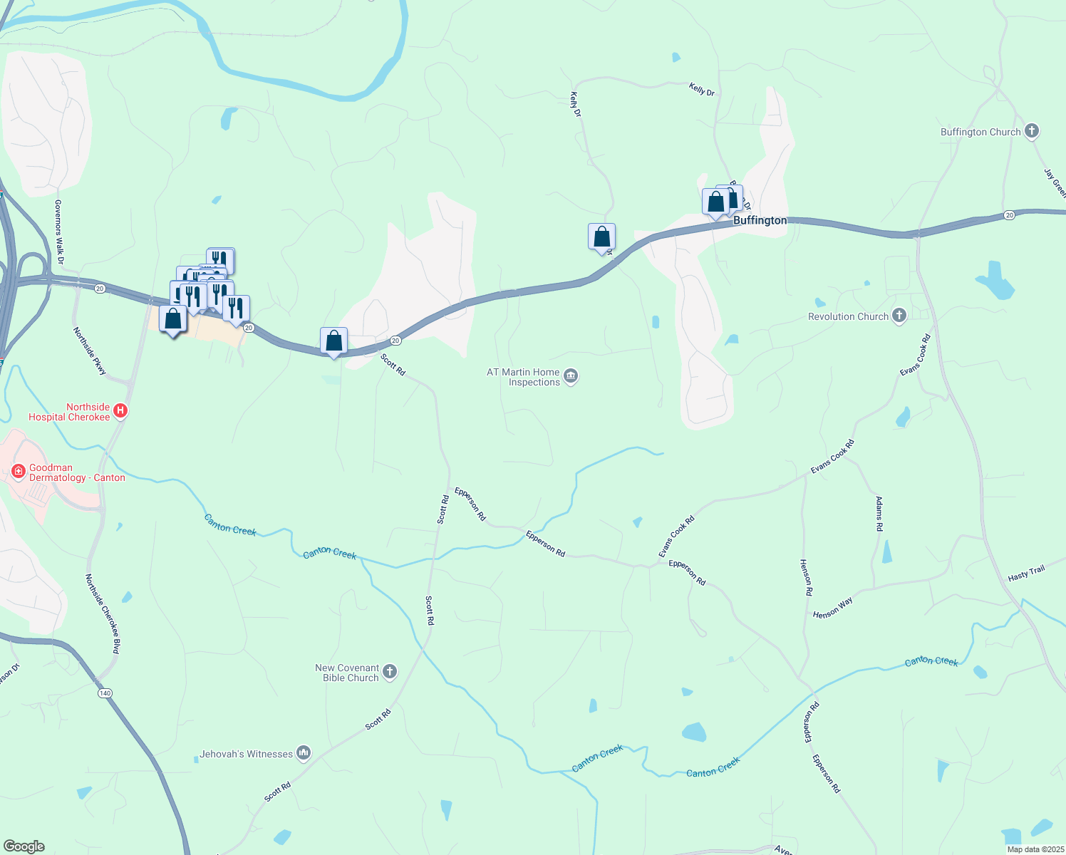 map of restaurants, bars, coffee shops, grocery stores, and more near 308 Evie Lane in Canton