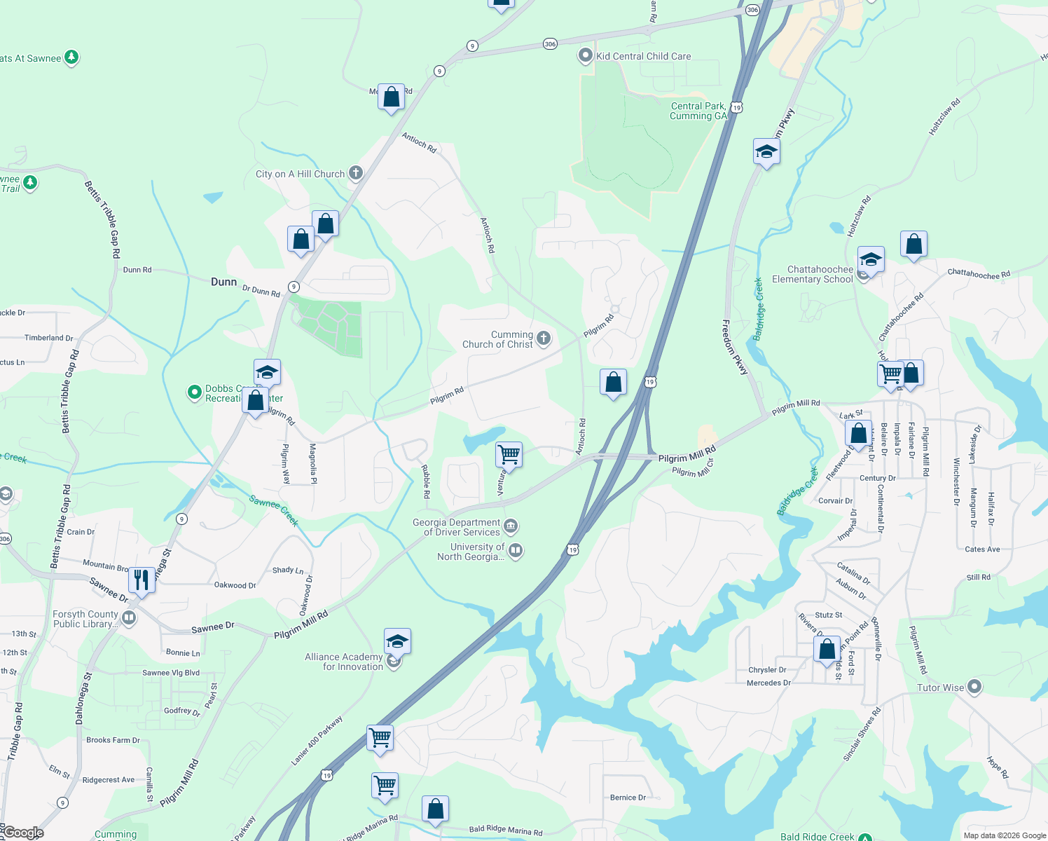 map of restaurants, bars, coffee shops, grocery stores, and more near 2000 Holly Cove Road in Cumming