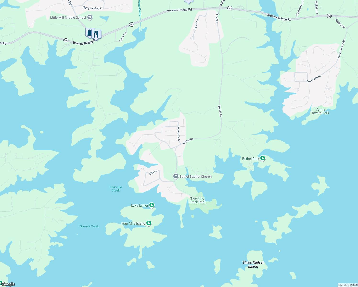 map of restaurants, bars, coffee shops, grocery stores, and more near 8710 Bethel Road in Gainesville