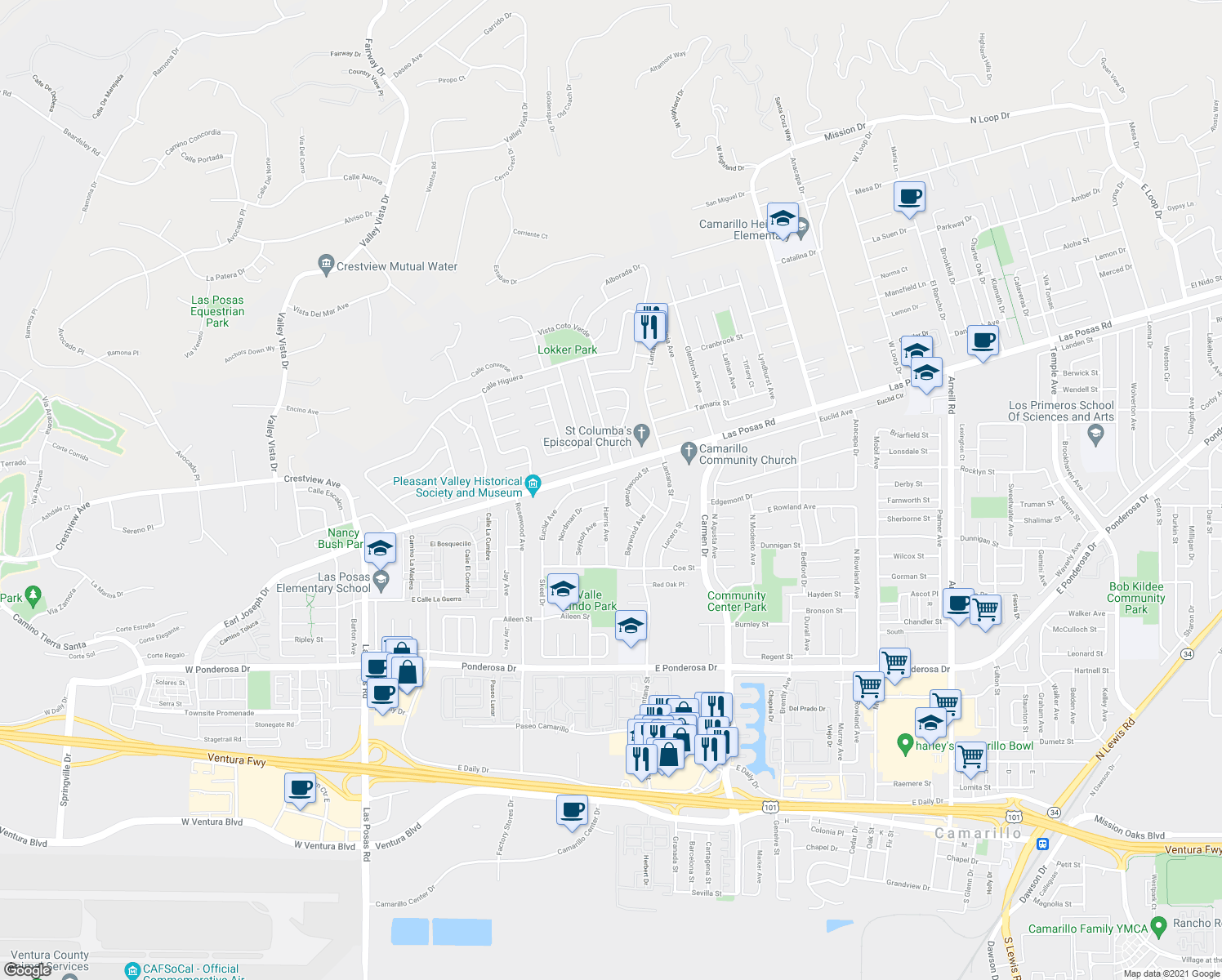 map of restaurants, bars, coffee shops, grocery stores, and more near 1000-1098 Euclid Avenue in Camarillo