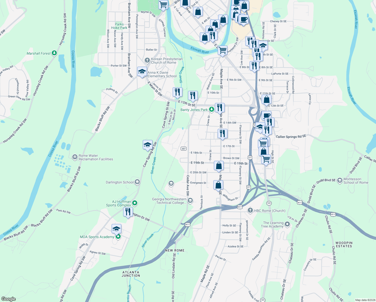 map of restaurants, bars, coffee shops, grocery stores, and more near 412 Cedar Avenue Southwest in Rome