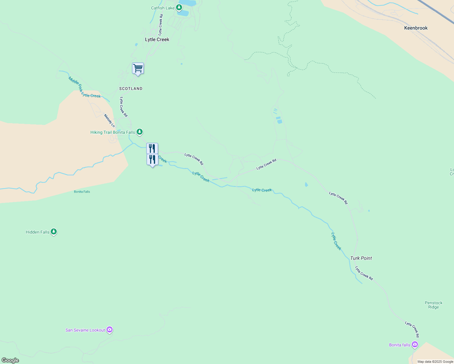 map of restaurants, bars, coffee shops, grocery stores, and more near Lytle Creek Road in San Bernardino County