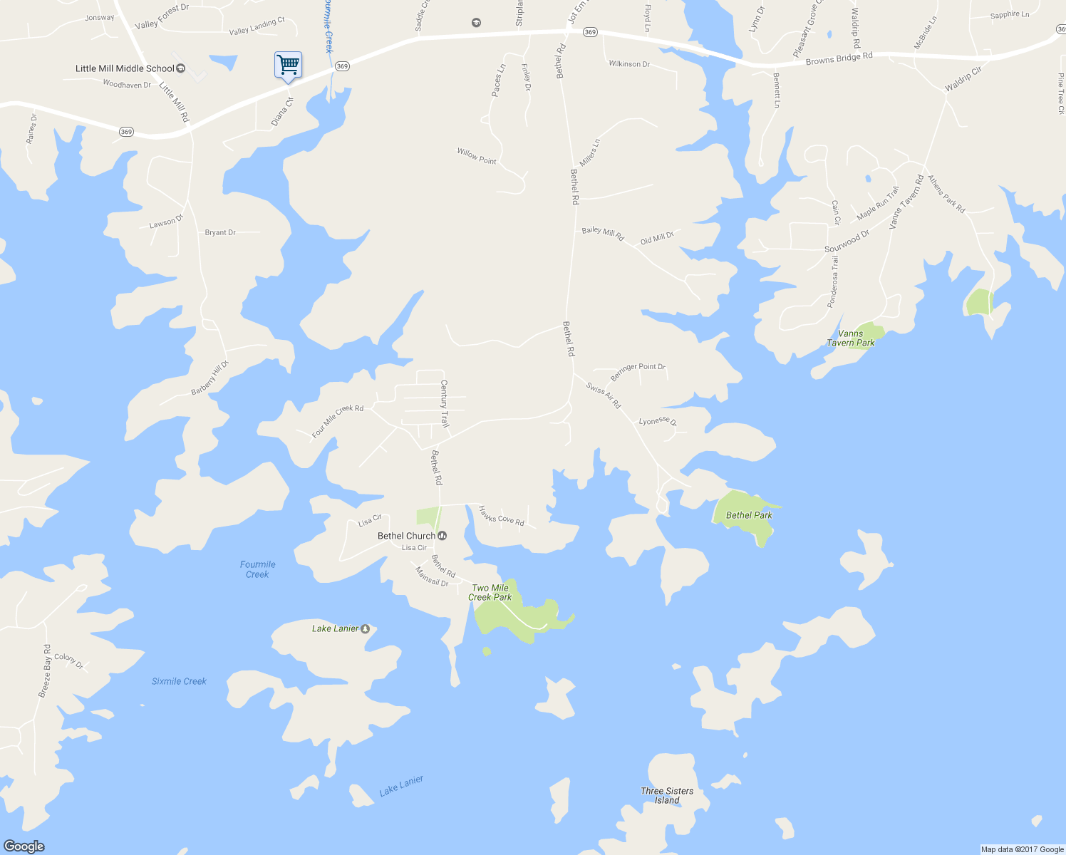 map of restaurants, bars, coffee shops, grocery stores, and more near 8487 Bethel Road in Gainesville