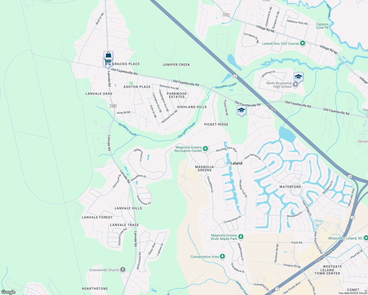 map of restaurants, bars, coffee shops, grocery stores, and more near 1526 Grandiflora Drive in Leland