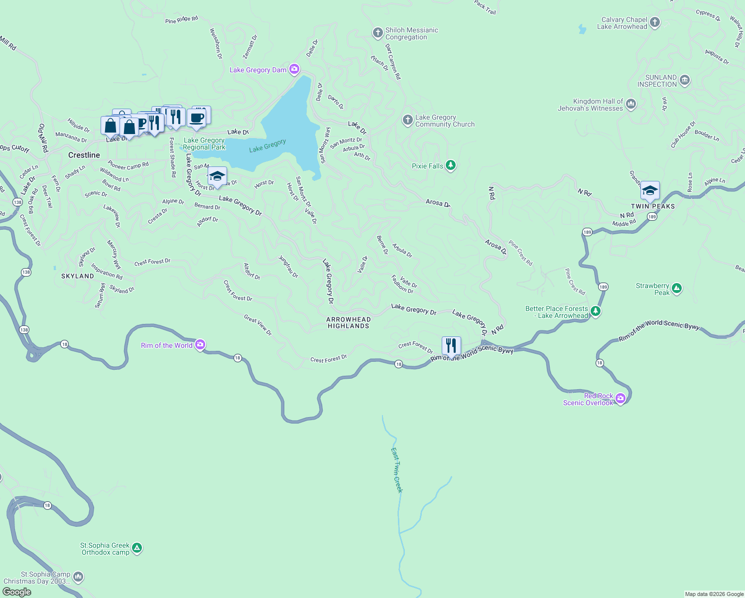 map of restaurants, bars, coffee shops, grocery stores, and more near 24861 Finhaut Drive in Crestline