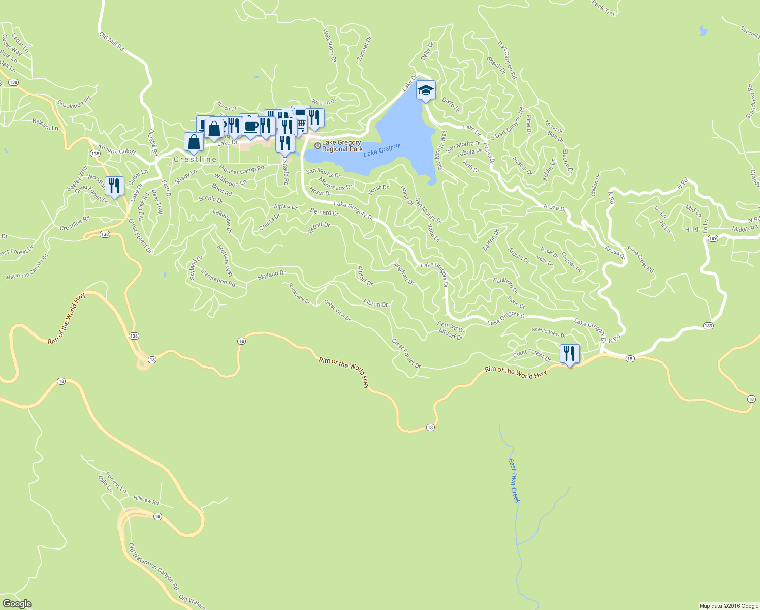 map of restaurants, bars, coffee shops, grocery stores, and more near Albrun Drive in Crestline