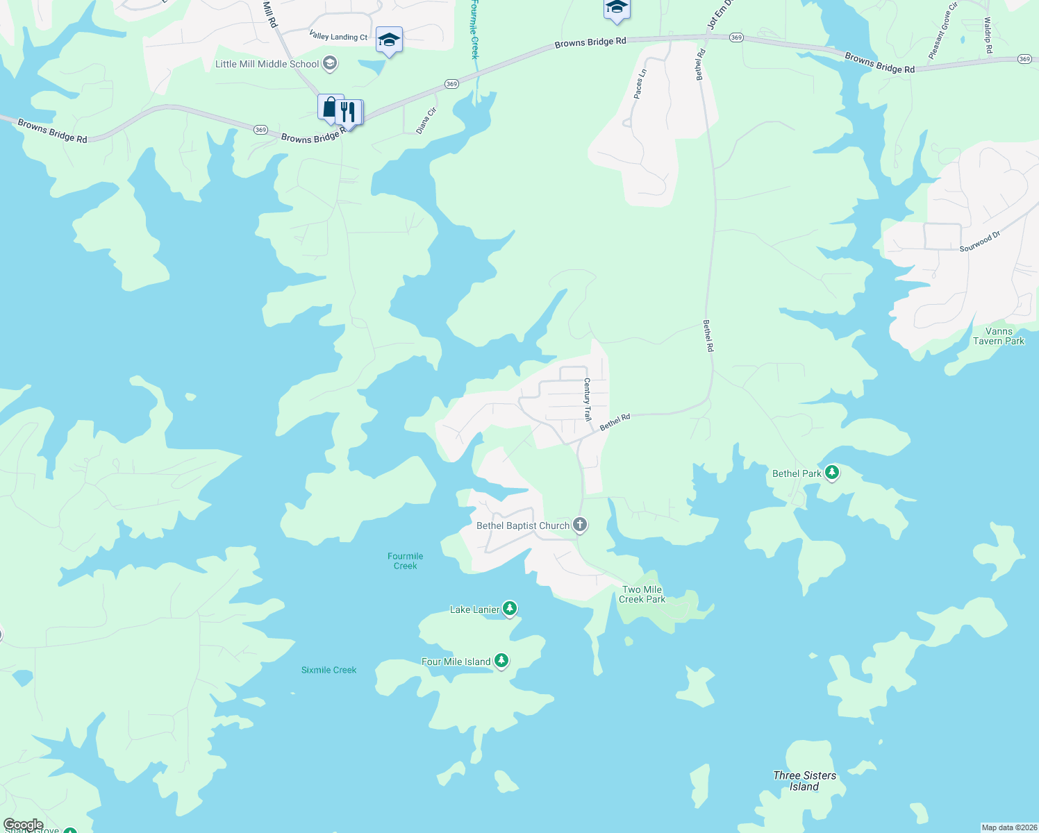 map of restaurants, bars, coffee shops, grocery stores, and more near 8935 Four Mile Creek Road in Gainesville