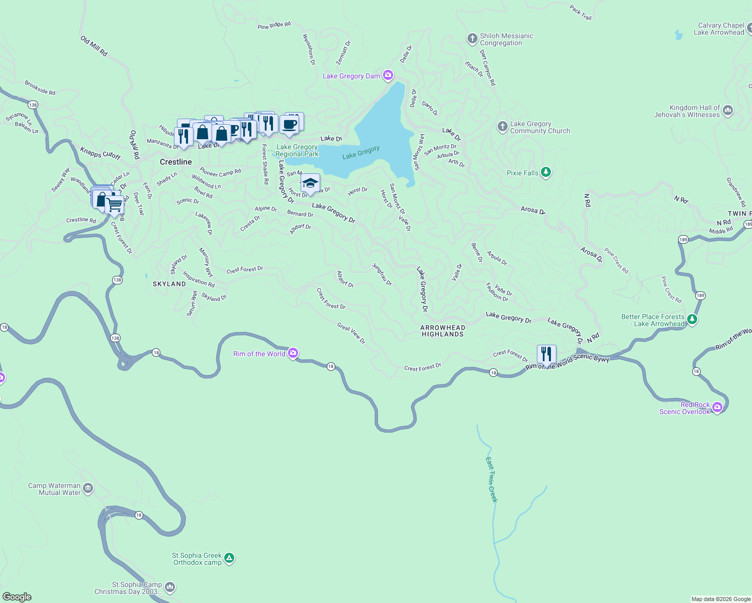 map of restaurants, bars, coffee shops, grocery stores, and more near 24561 Altdorf Drive in Crestline