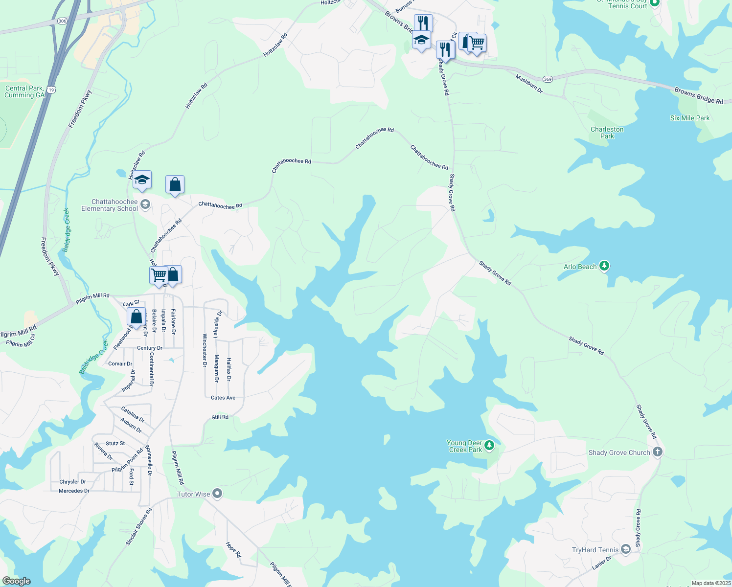 map of restaurants, bars, coffee shops, grocery stores, and more near 5975 P W A Drive in Cumming