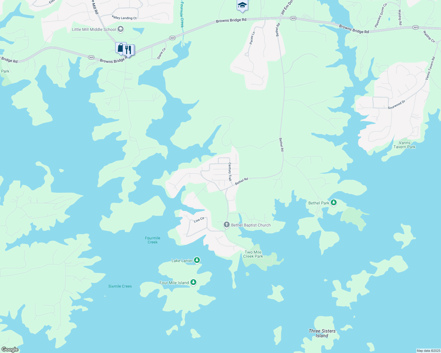 map of restaurants, bars, coffee shops, grocery stores, and more near 8965 Continental Trail in Gainesville