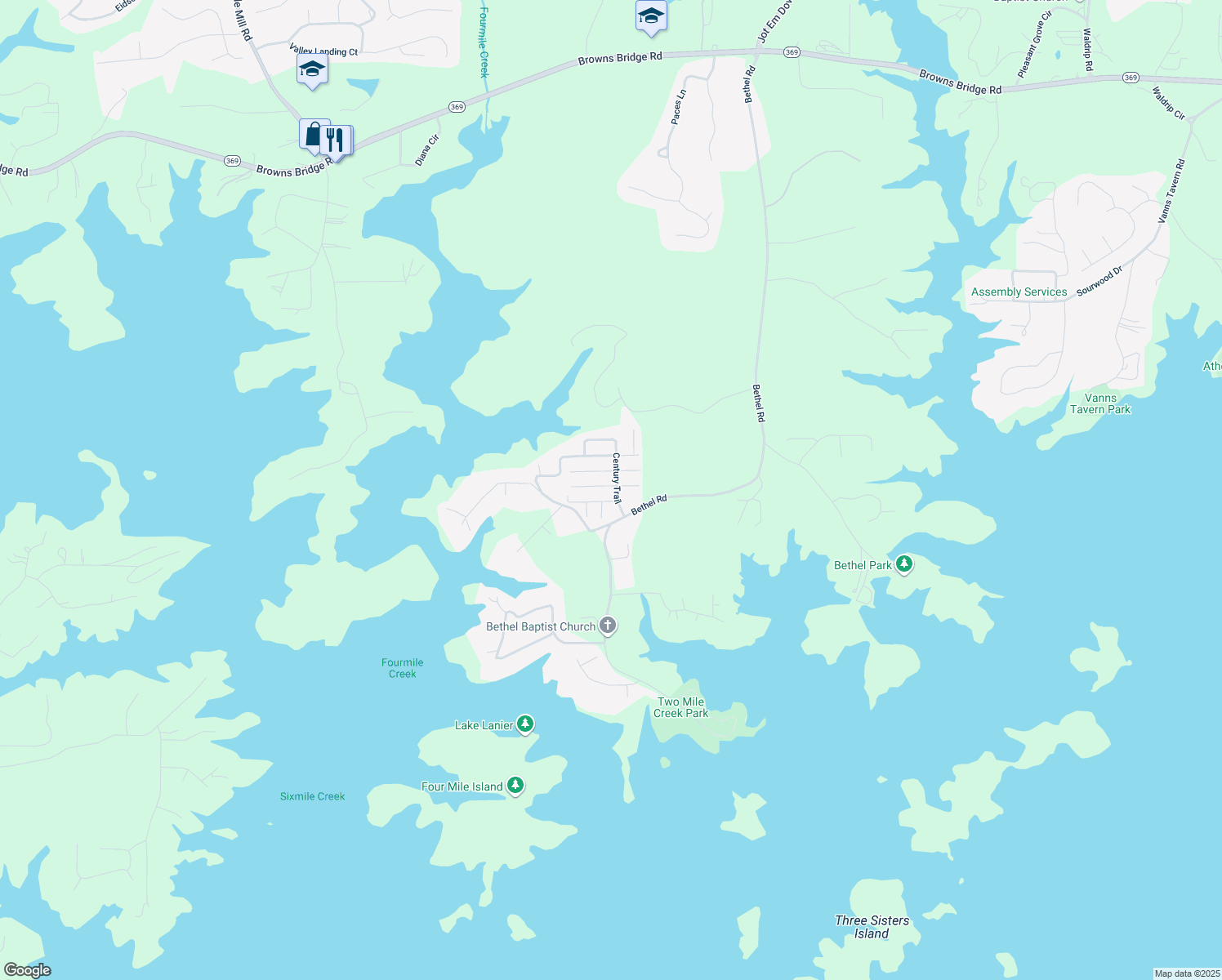 map of restaurants, bars, coffee shops, grocery stores, and more near 8835 Century Trail in Gainesville