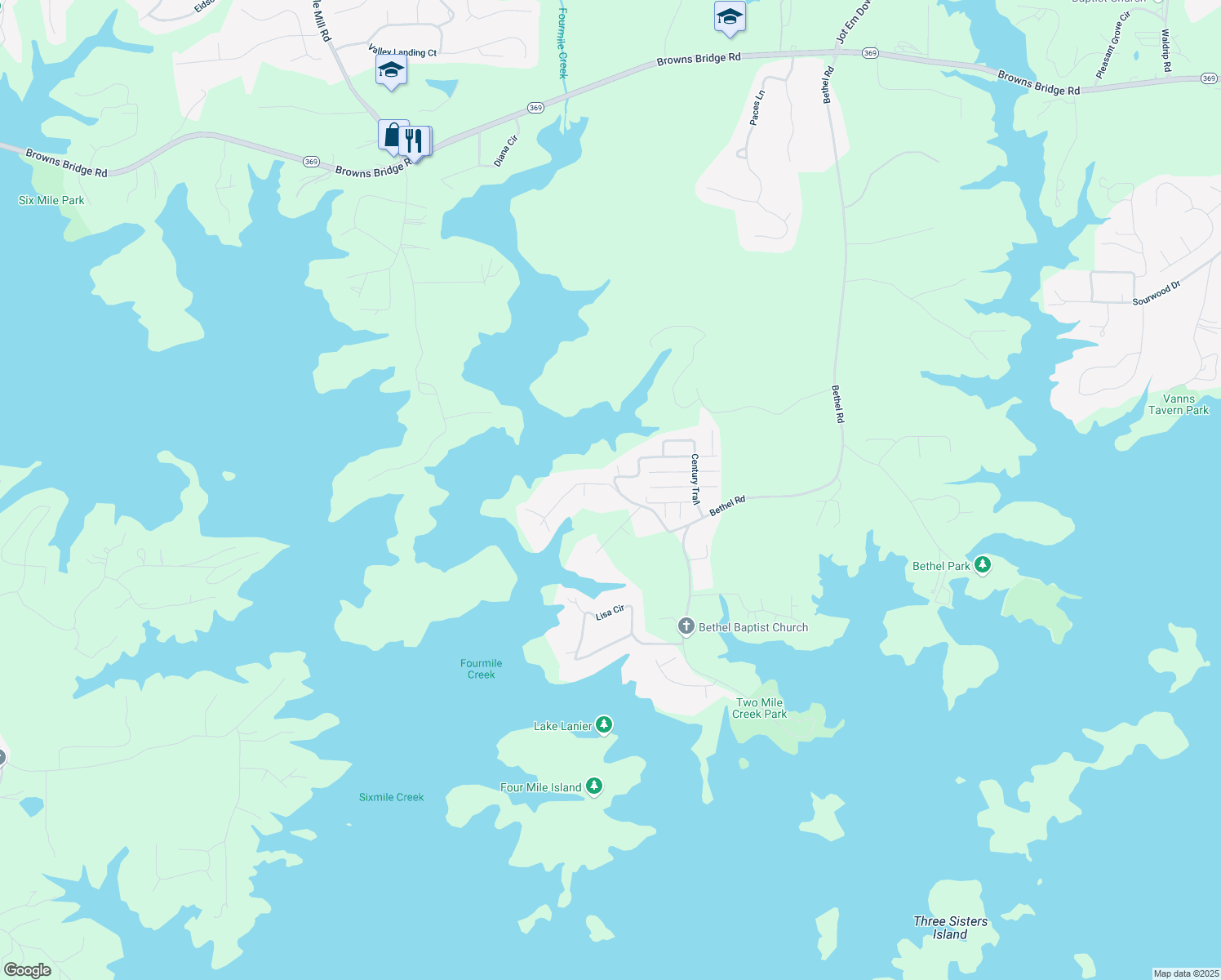 map of restaurants, bars, coffee shops, grocery stores, and more near 9015 Four Mile Creek Road in Gainesville