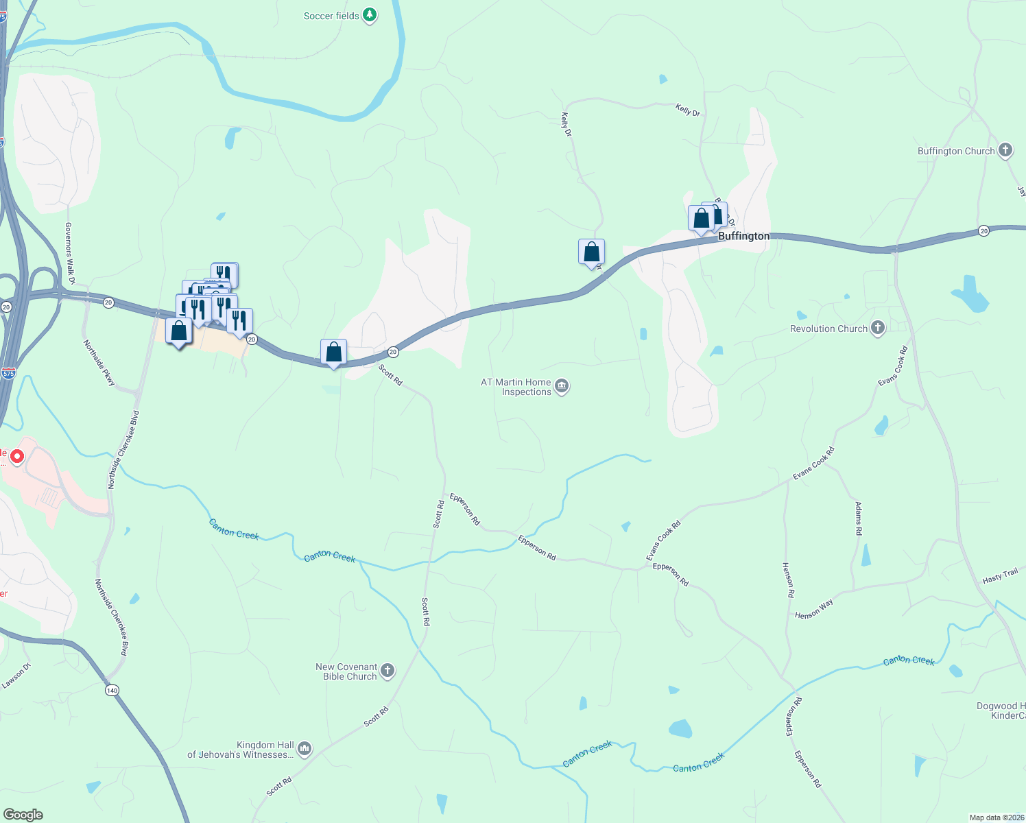 map of restaurants, bars, coffee shops, grocery stores, and more near 305 Evie Lane in Canton