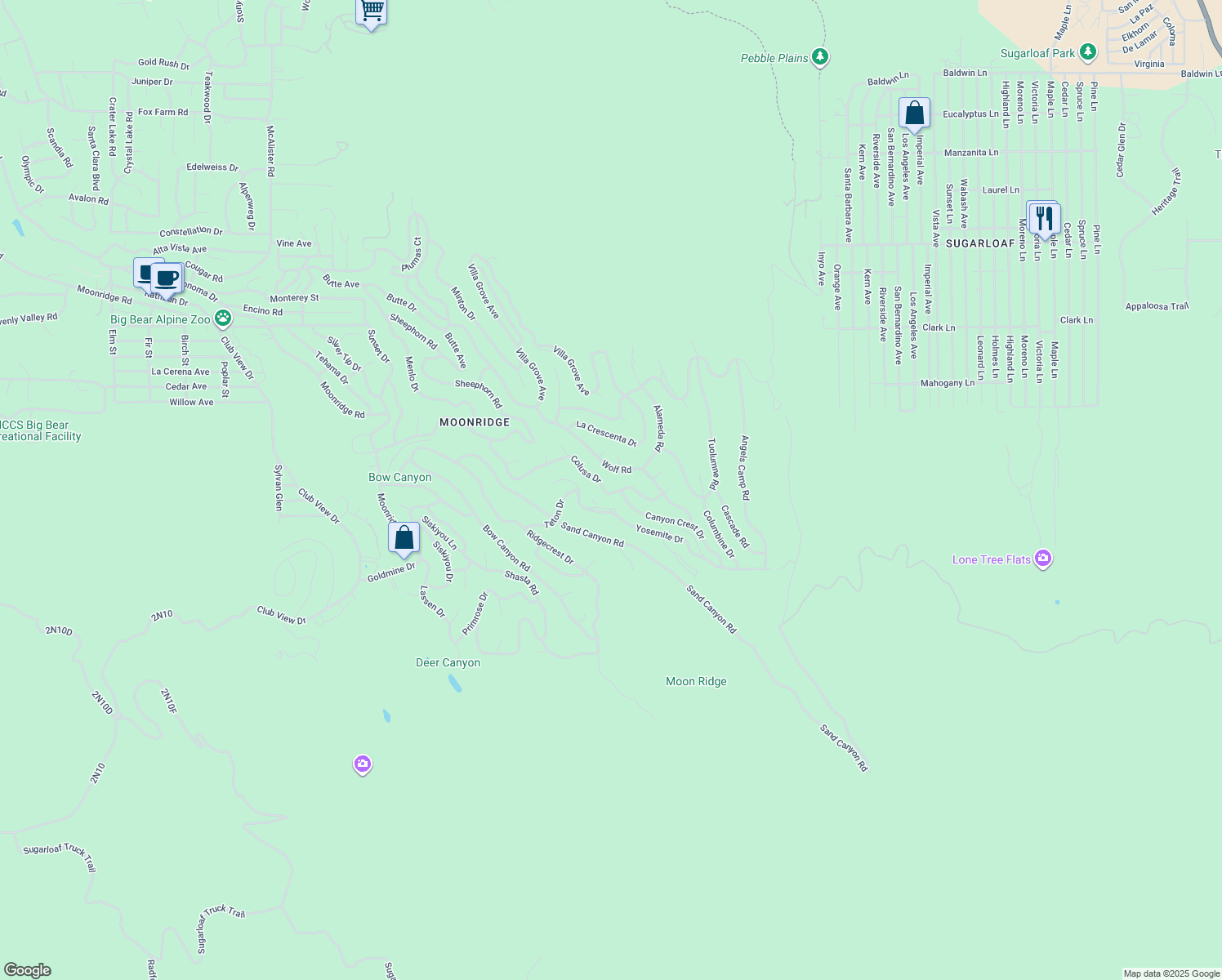 map of restaurants, bars, coffee shops, grocery stores, and more near 43708 Colusa Drive in Big Bear Lake