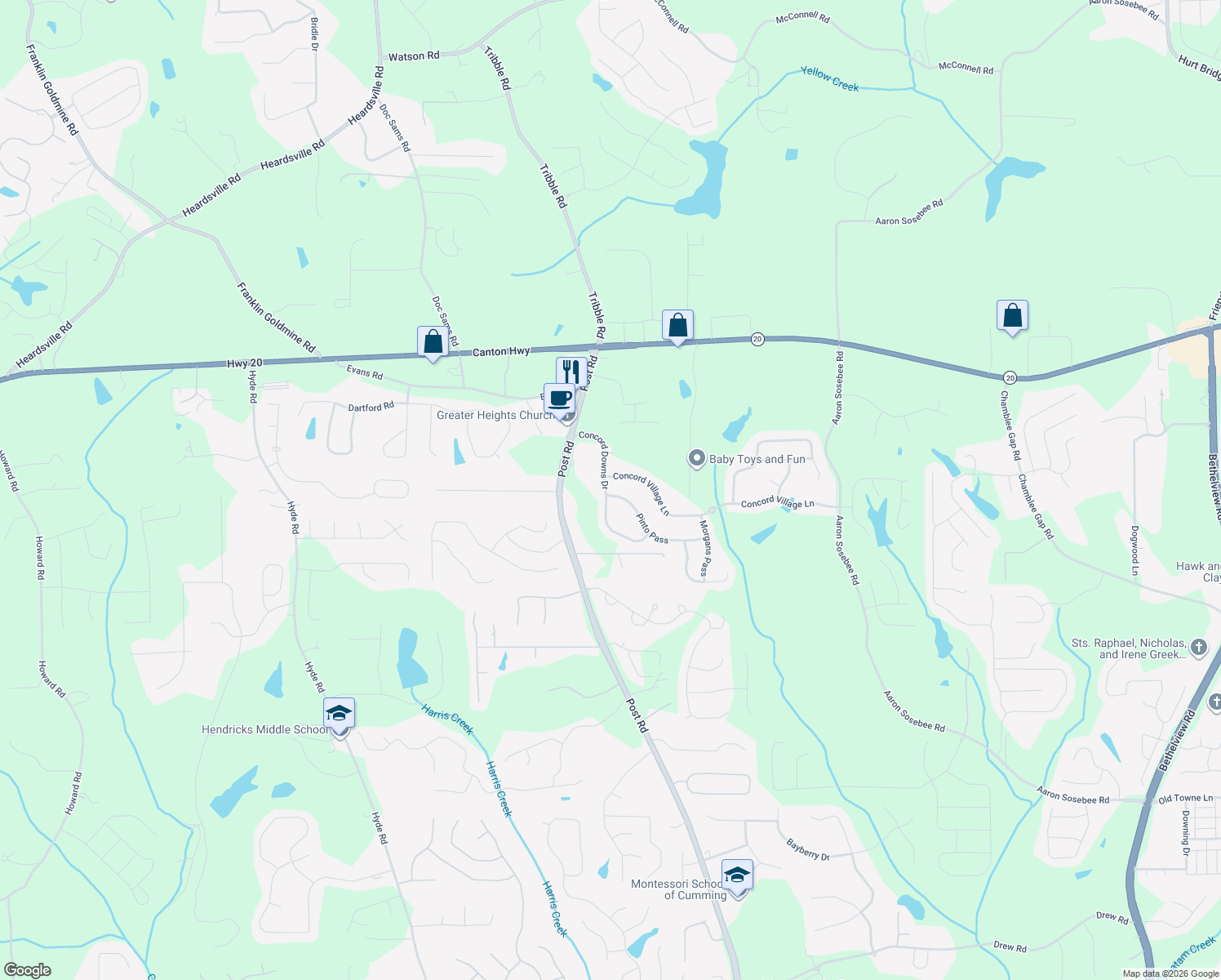 map of restaurants, bars, coffee shops, grocery stores, and more near 5340 Pinto Pass in Cumming